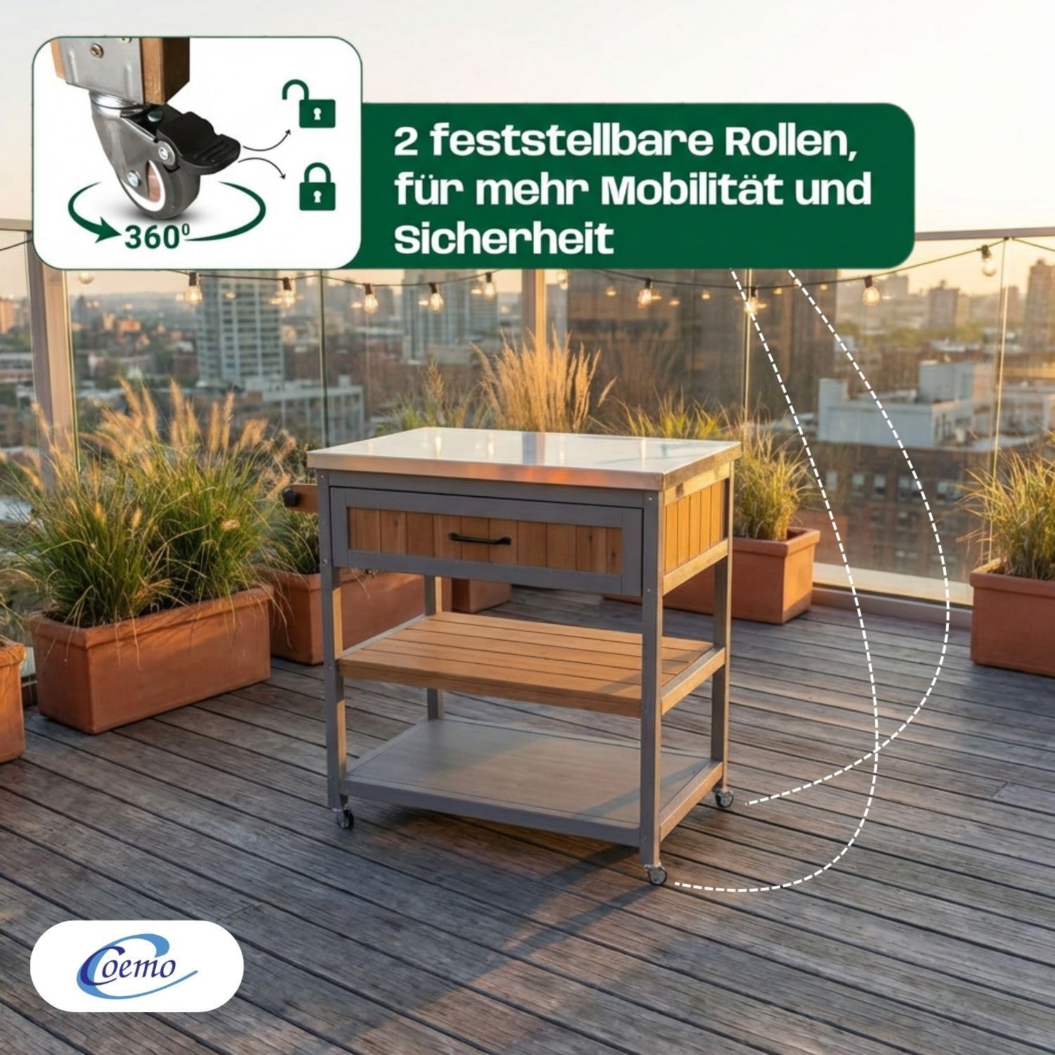 Coemo Servierwagen mit Rollen James Küchenwagen aus Holz mit Edelstahltop, Kücheninsel mit Türen, Handtuchhalter, Raumwunder, Küchenschrank Rollwagen LxBxH ca.: 82 x 53 x 92 cm Farbe Grau
