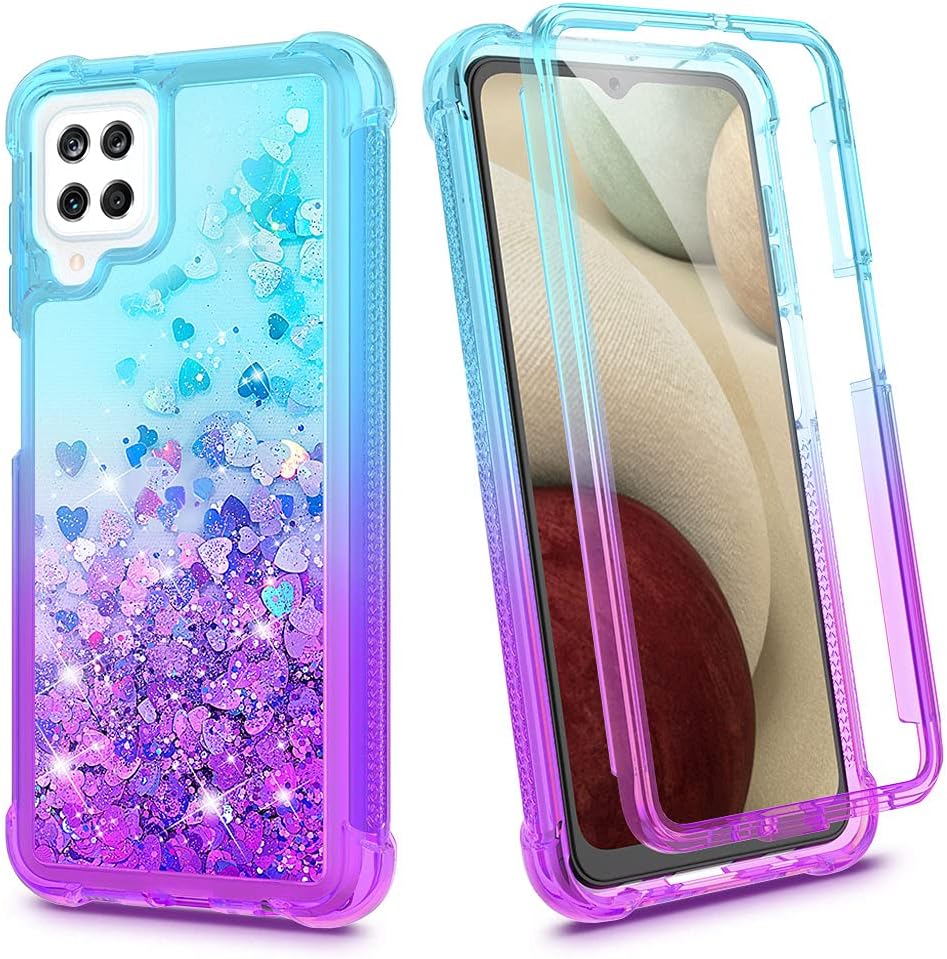 Ruky Samsung Galaxy A12 Case, Glitter Liquid Full Body Cover with Built-in Screen Protector Soft TPU Bling Sparkle Shockproof Protective Girls Women Phone Case for Samsung Galaxy A12, Teal Purple