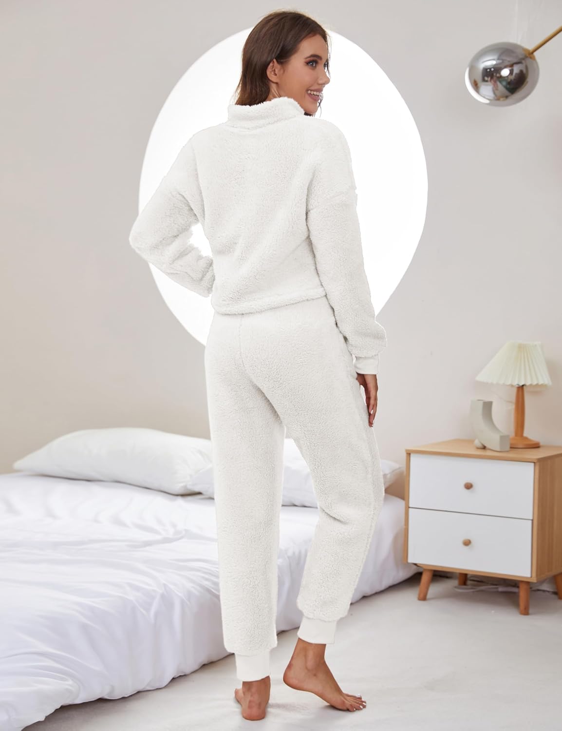 Fluffy Pajamas Sets for Women 2 Piece Fuzzy Half Zip Loungewear Elastic Waist Joggers Warm Jammies - Image 4