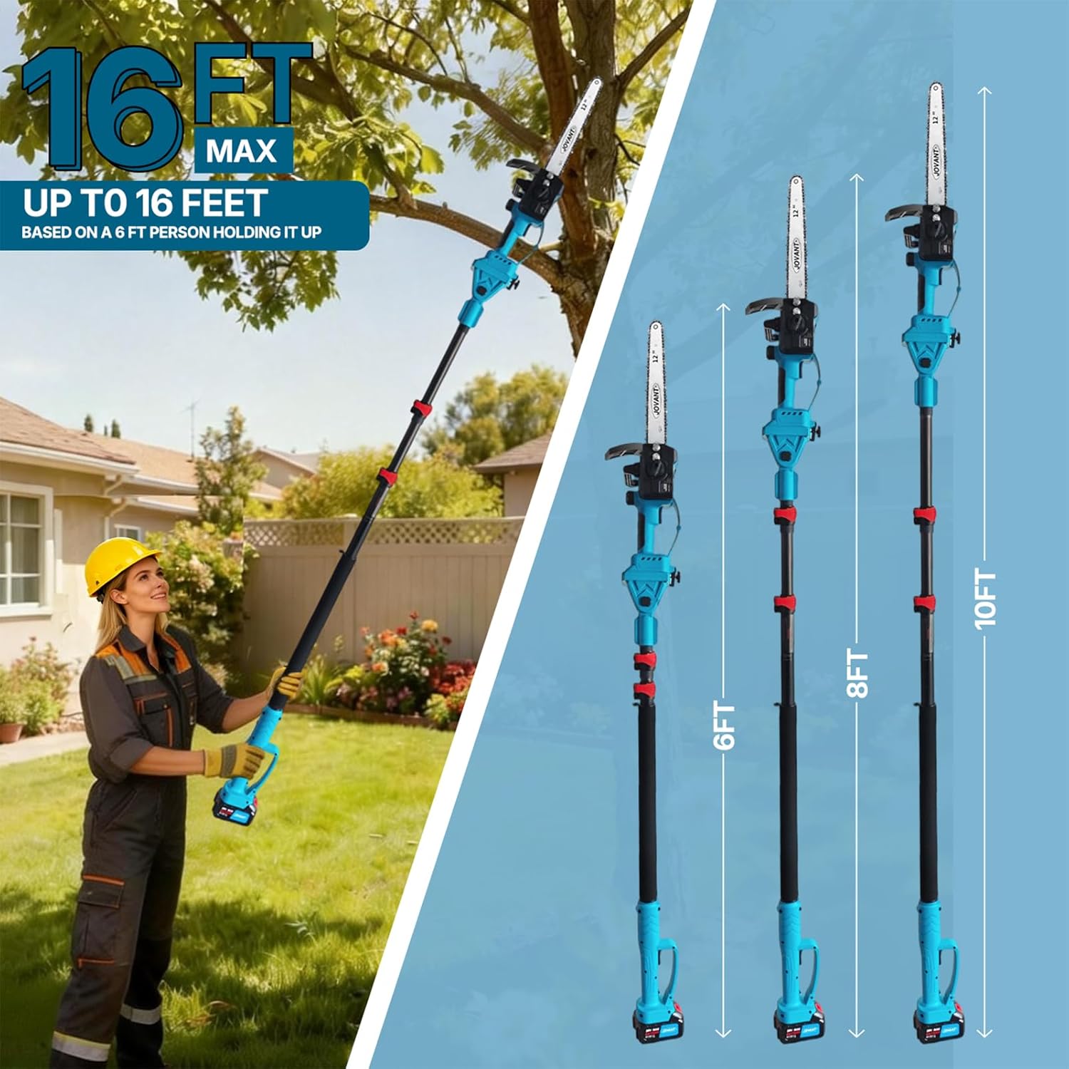 12 Inch Electric Pole Saws for Tree Trimming, 2-in-1 Cordless Pole Saw with 2 x 4.0Ah Battery Powered Chainsaw Lightweight with Shoulder Strap for Thicker Wood Cutting Pruning