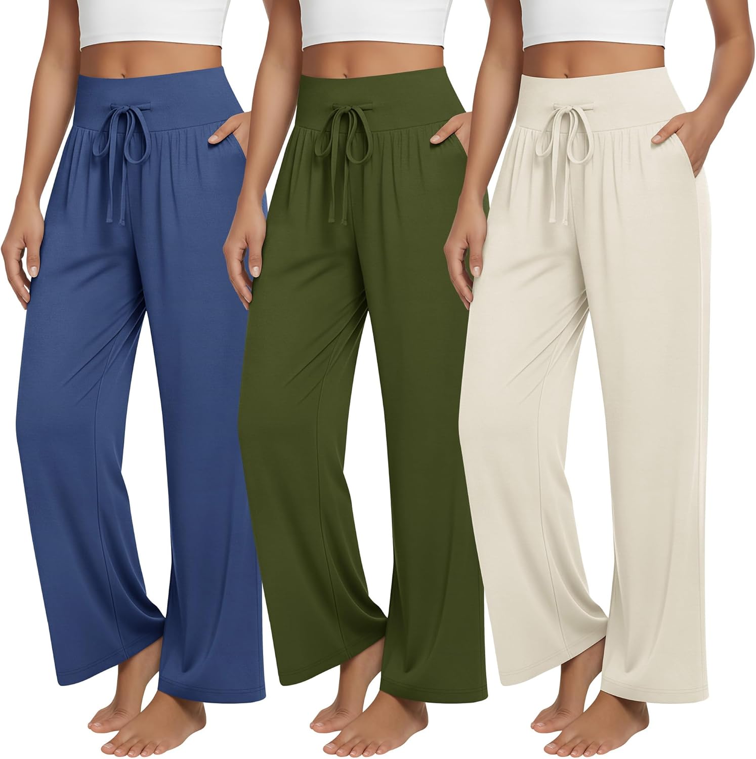 3 Pack Women's Lounge Pants Summer Wide Leg Yoga Pants Loose Drawstring High Waisted Pajama Bottoms with Pockets