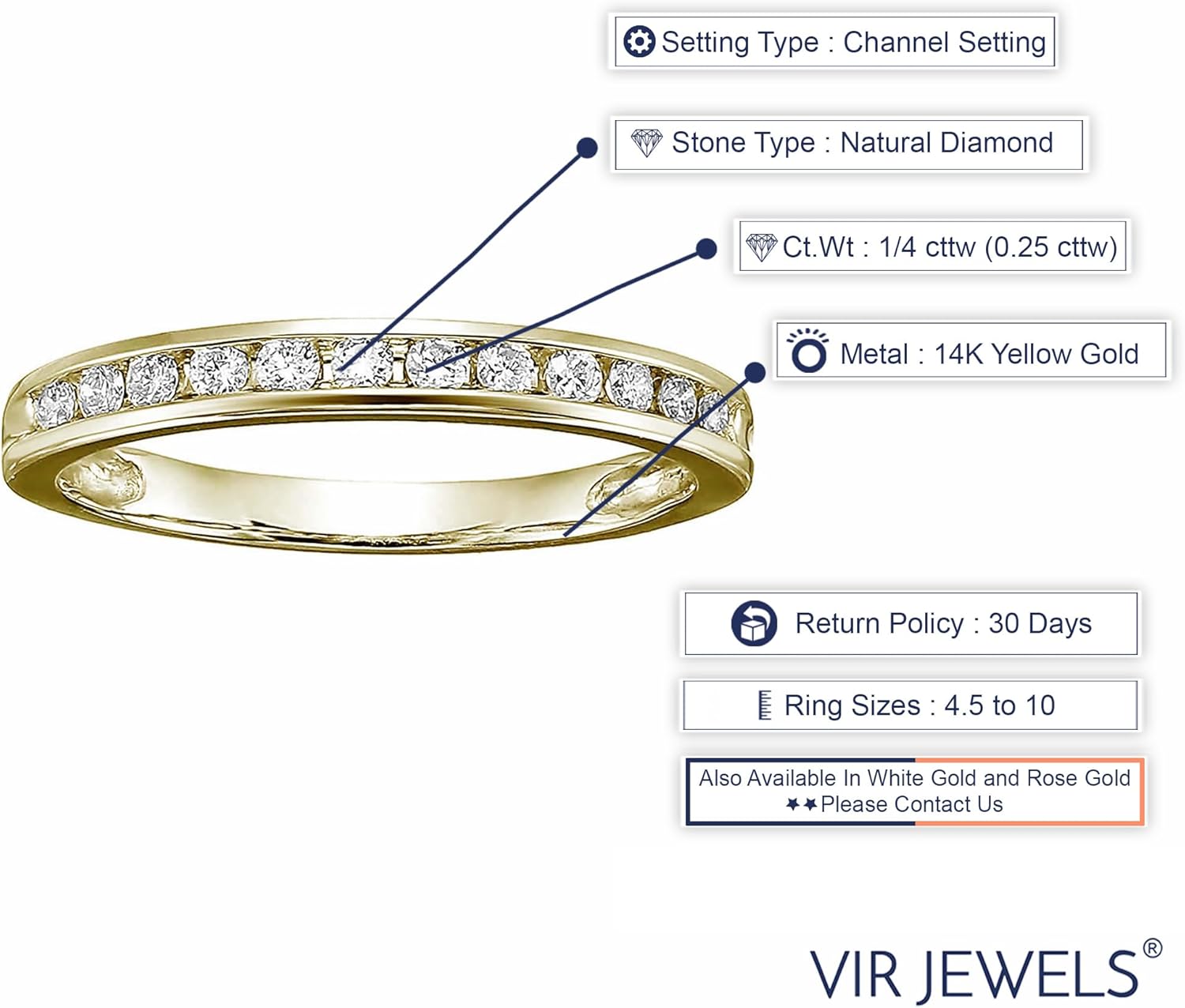 VIR JEWELS 1/4 carat (ctw) Diamond Wedding Anniversary Band for Women, Half Eternity Round Diamond Engagement Ring 14K Yellow Gold Channel Set 0.25 cttw, Size 4.5-10