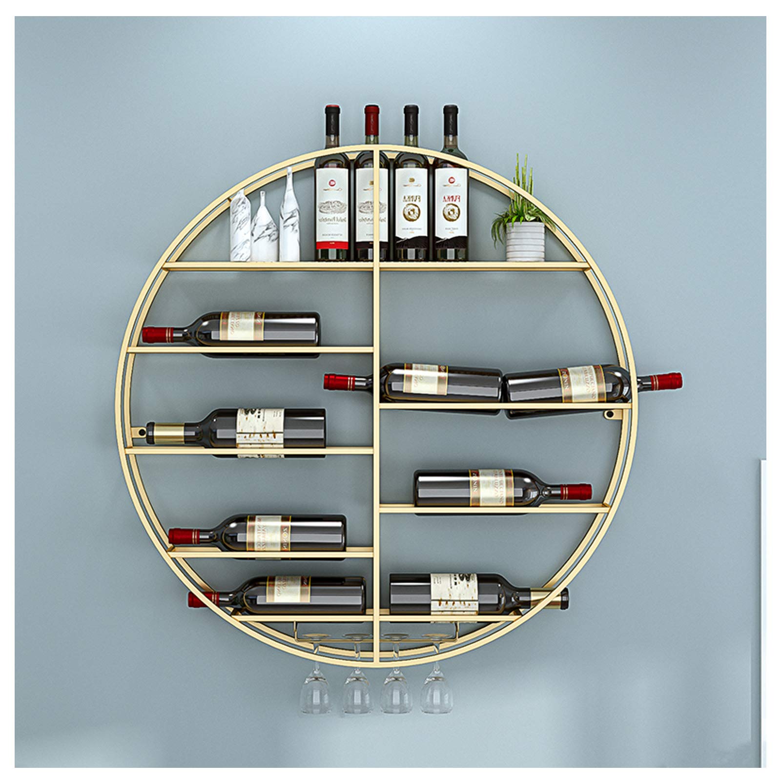Casier à vin mural en fer forgé avec porte-verres noir et doré pour bouteilles