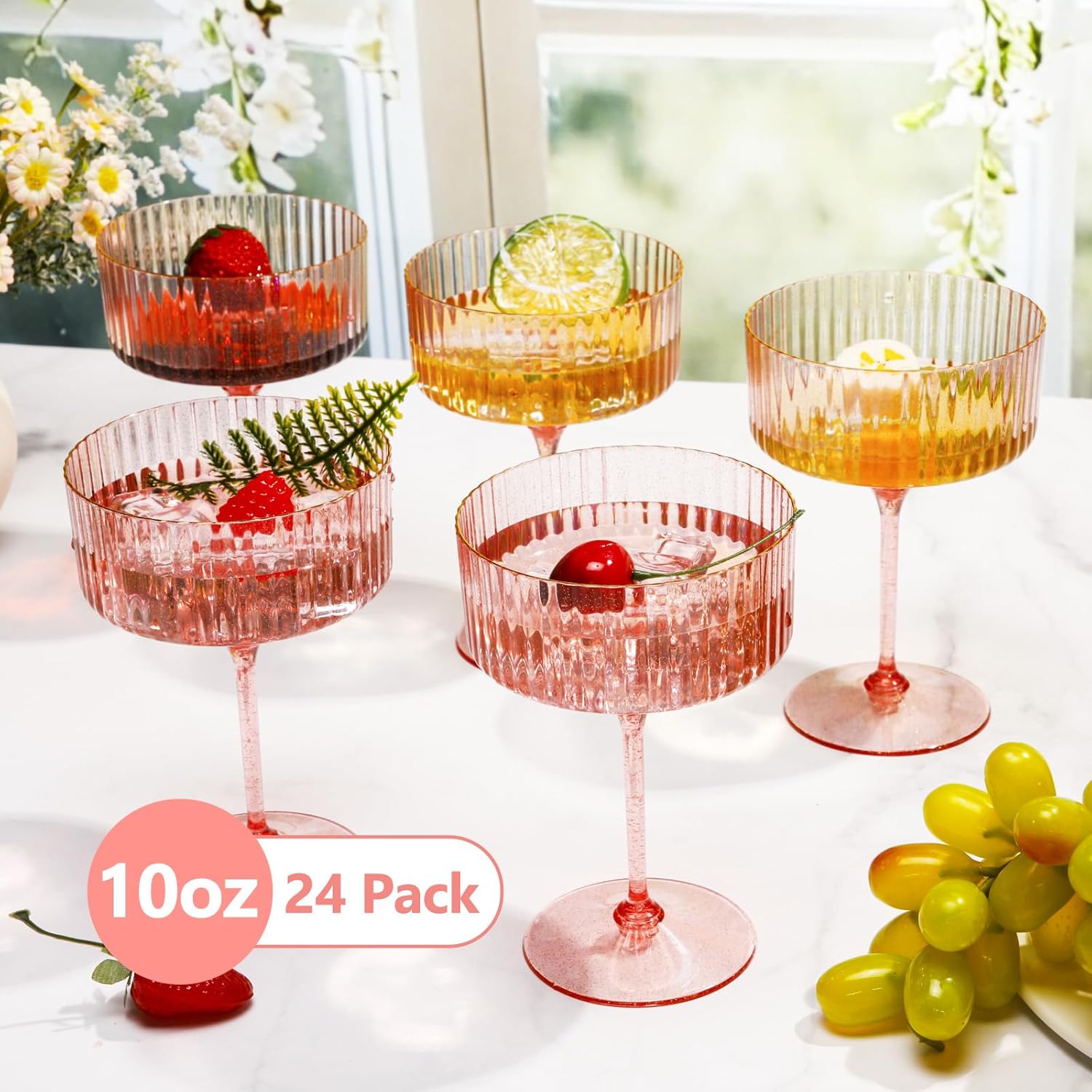 24 Pcs Ribbed Martini Glasses 10 oz Disposable Plastic Vintage Ribbed Coupe Glasses with Gold Rim Glitter Cocktail Unbreakable Dessert Parfait Glassware for Wedding Party Supplies (Pink) - Image 3