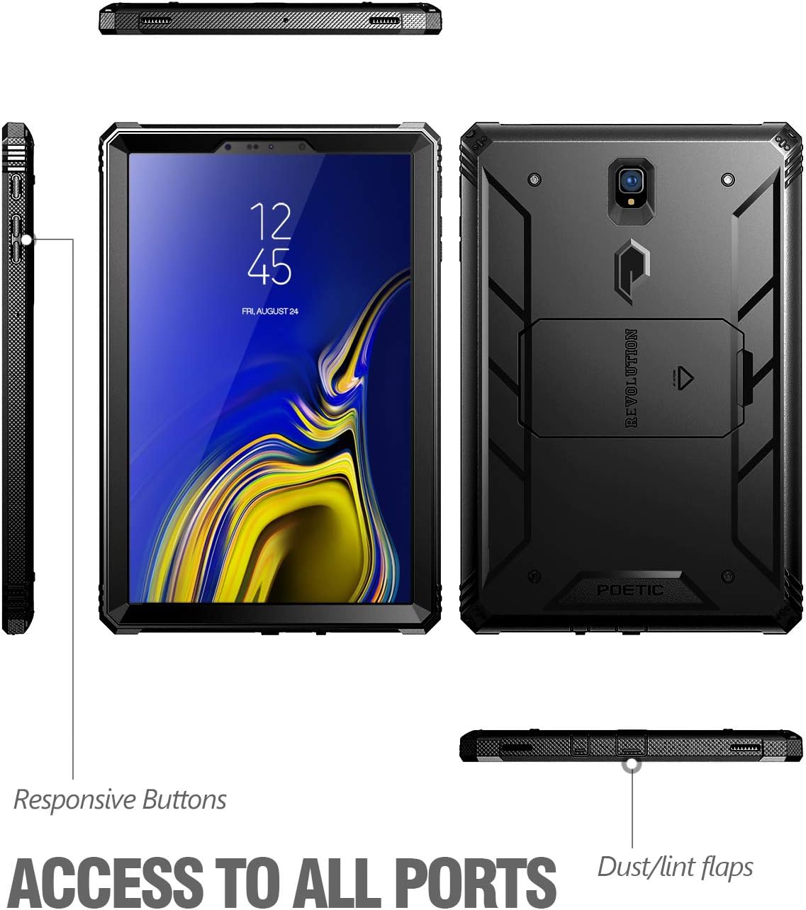 Galaxy Tab S4 10.5 Rugged Case, Poetic Revolution [360 Degree Protection] [Kick-Stand] Full-Body Rugged Heavy Duty Case with [Built-in-Screen Protector] for Samsung Galaxy Tab S4 10.5 Inch Black