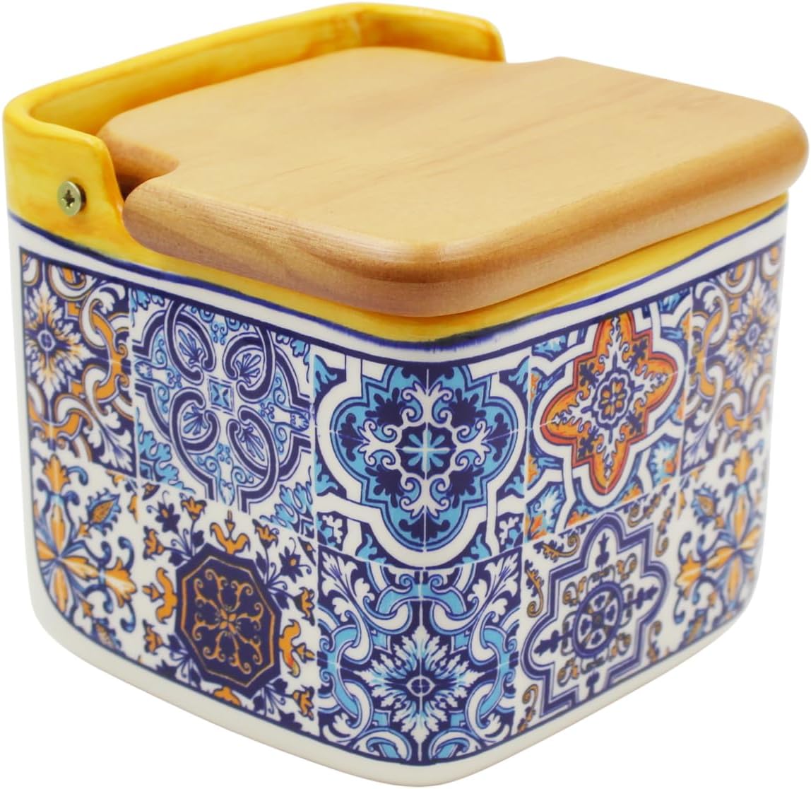 Portuguese Azulejo Ceramic Salt Holder with Wooden Lid, Made in Portugal (Yellow)