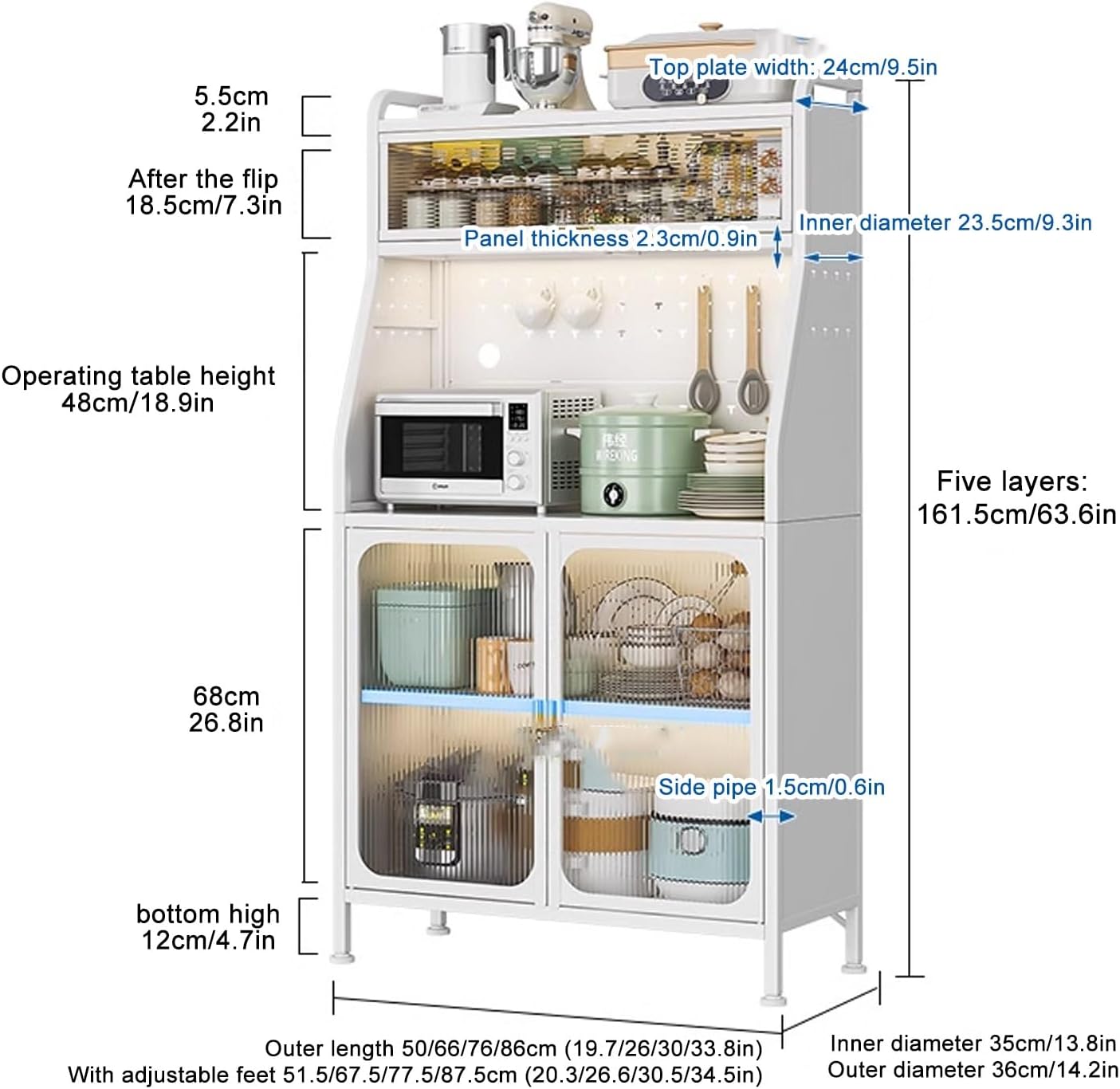 Freestanding Multi-Layer Kitchen Floor Cupboard，Microwave Storage Stand,Kitchen Bakers Rack with Storage Cabinet, 5 Tier Microwave Oven Stand with Storage, Large Standing Metal Storage Shelv