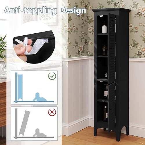 Miniatura 6 de Giantex Gabinete de almacenamiento alto para baño, gabinete de piso estrecho independiente con puertas, estantes de 5 niveles (1 altura ajustable),