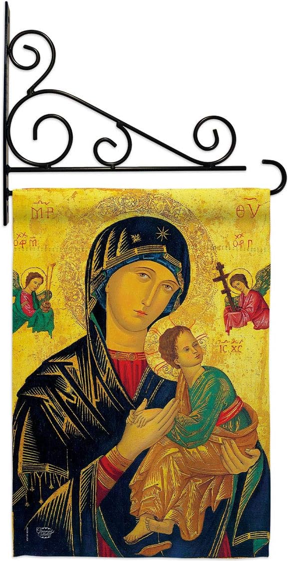 Our Lady of Perpetual Help Garden Flag Set Wall Holder Religious Faith Hope Grace Peace Dove Christian Religion Easter Small Decorative Gift Yard House Banner Made In USA 13 X 18.5