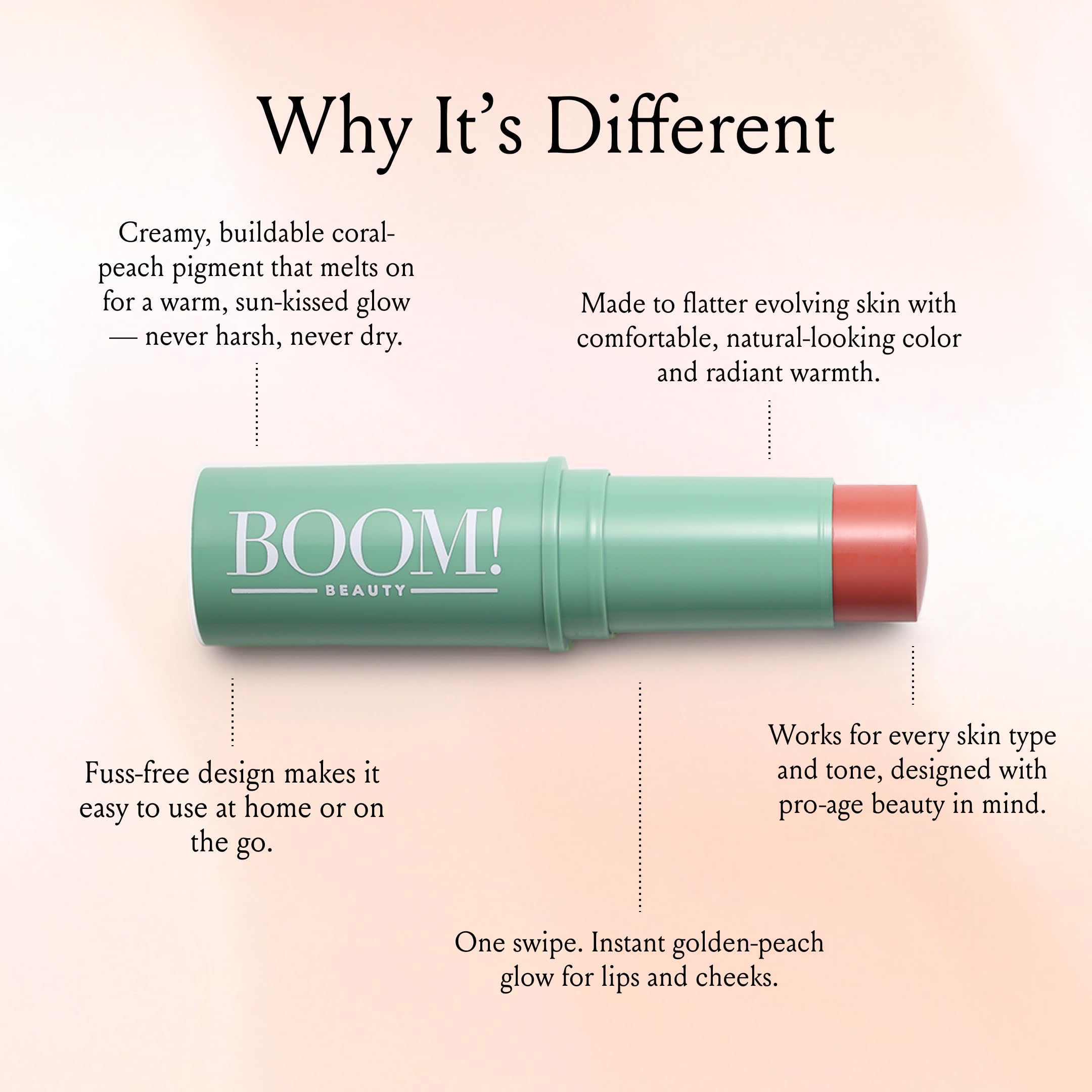 BOOM! by Cindy Joseph Boomstick Golden Peach, 3-in-1 Creme Blush Stick für Augen, Lippen & Wangen, langanhaltende, mischbare & aufbaubare Farbe für reife Haut, vegan & tierversuchsfrei