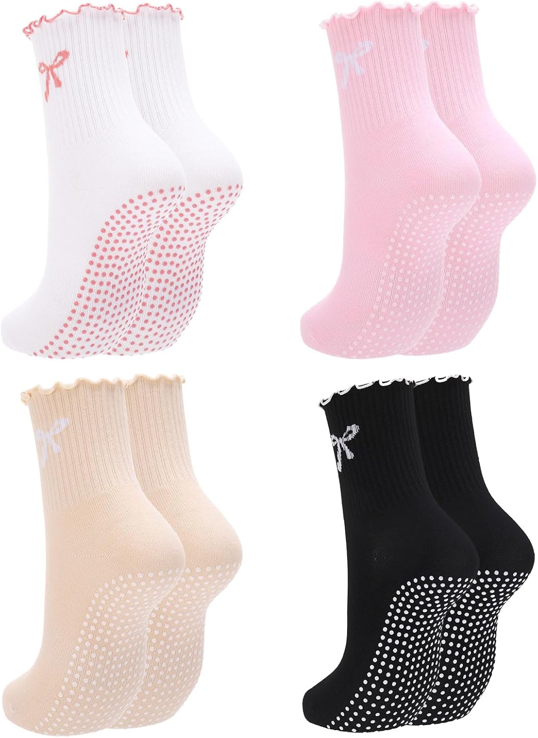 4 Pairs Women's Pilates Non Slip Socks Cute Bow-tie Ruffled Yoga Crew Socks for Ballet Barre Hospital Gym