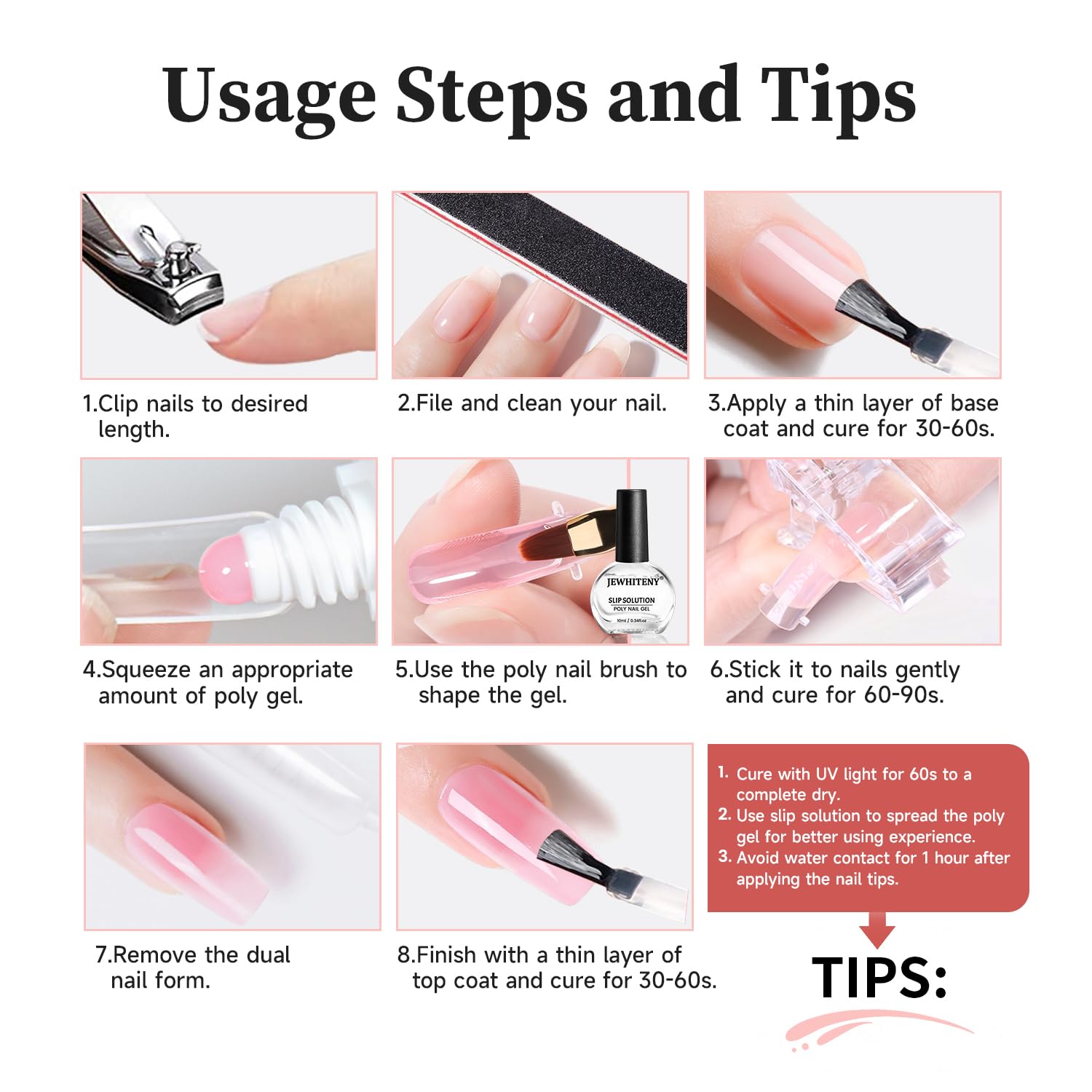 JEWHITENY Poly Nail Gel Set Clear Pink White Neutral Classic Color Poly Extension Gel With Base and Top Coat Slip Solution French Manicure for Home DIY Need U V Lamp Curing