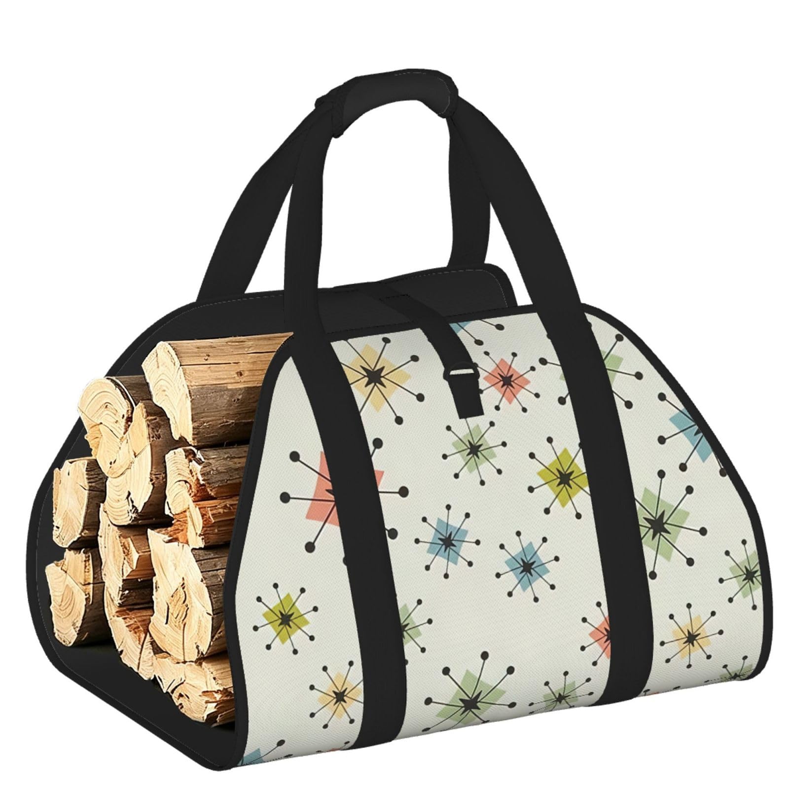 Ayyqwe Black Absctract Geometric Pattern Space Print Firewood Bag Wood Waterproof Versatile Camping Picnic Storage Daily Home