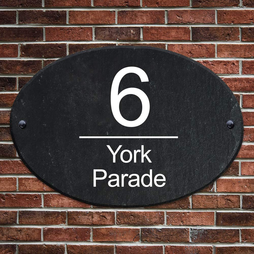 Personalised Slate House Number Natural Slate Door Sign House Gate Sign Plaque UV Printed Door Number Hand Finished in UK (27x19cm Oval Number)