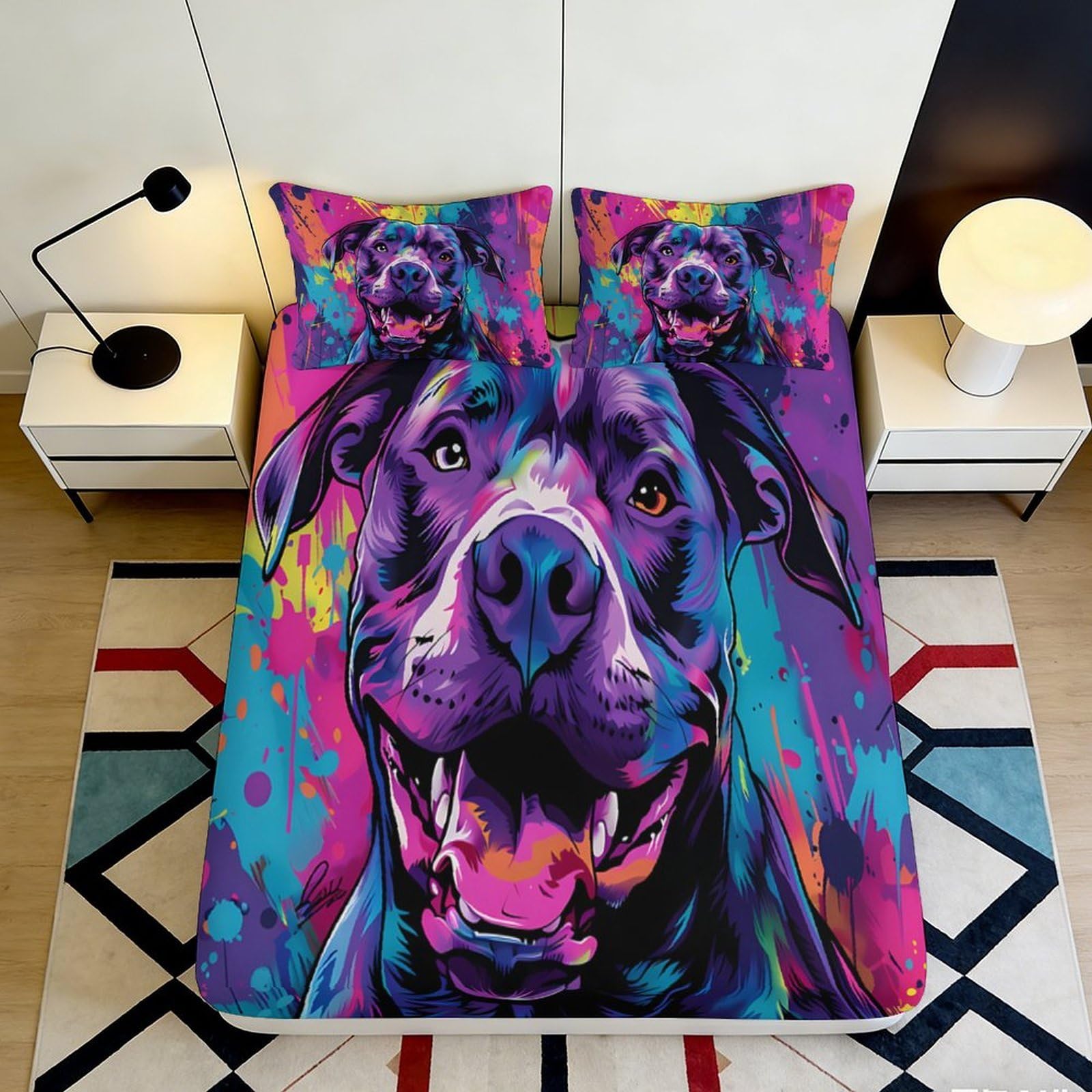 3D Printed Colorful Dog Artwork Fitted Sheet Microfiber Soft Breathable Vibrant Pet Portrait Bed Cover for Bedroom Dormitory Guest Room Mattress Protection 200x200x25cm