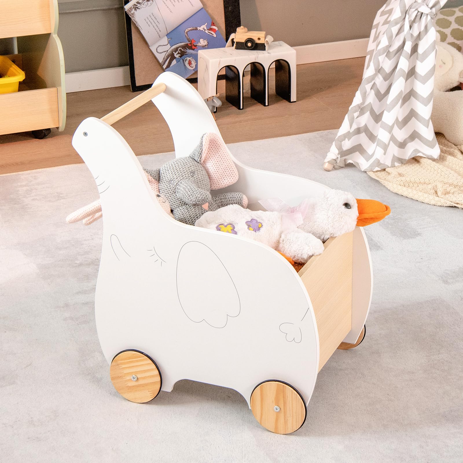 LIFEZEAL Girello per Bambini, Girello Neonato, Baby Walker, in Legno, Primi Passi per Bambini, con Spazio di Archiviazione, Girello Bimba per 12-36 Mesi, Carrello Primi Passi con Ruote, Bianco