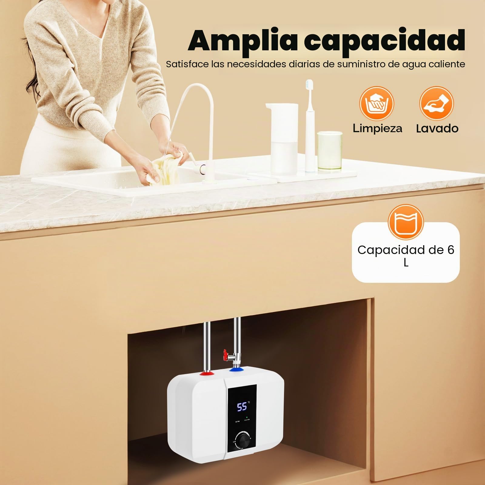 Caldera pequeña de 6 l, resistente a la presión, 1500 W, para cocina con pantalla LED, pequeño almacenamiento debajo de la mesa para el uso bajo fregaderos de cocina y lavabos
