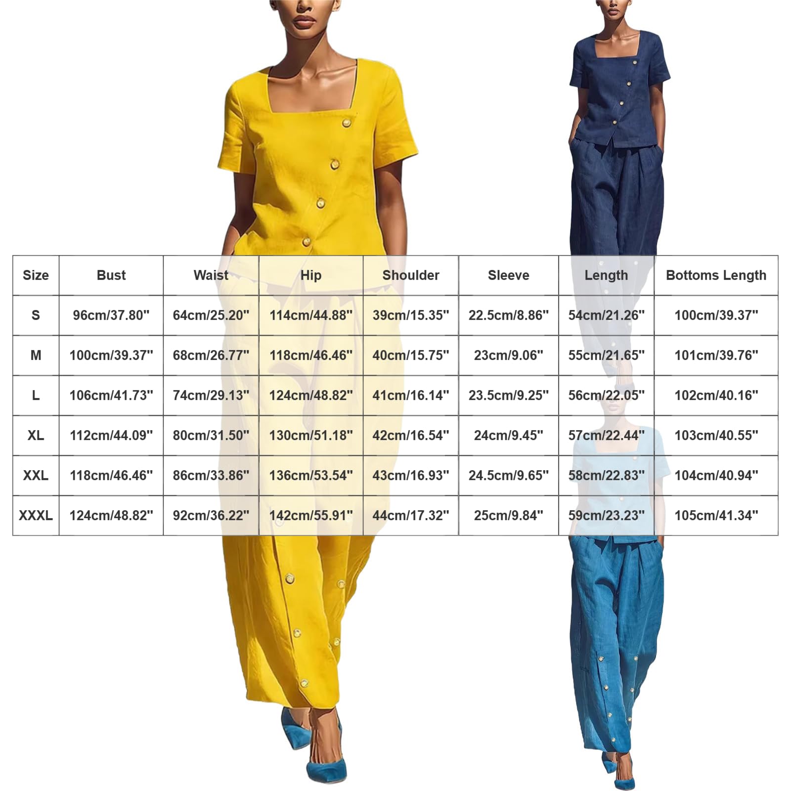 hausanzug damen Lässiges und modisches Damen Set aus kurzem Ärmel, weitem Bein, eckigem Ausschnitt, schräger Vorderseite, seitlicher Knopfleiste und eckiger Hose mit eckigem hosenanzug (Navy, S)