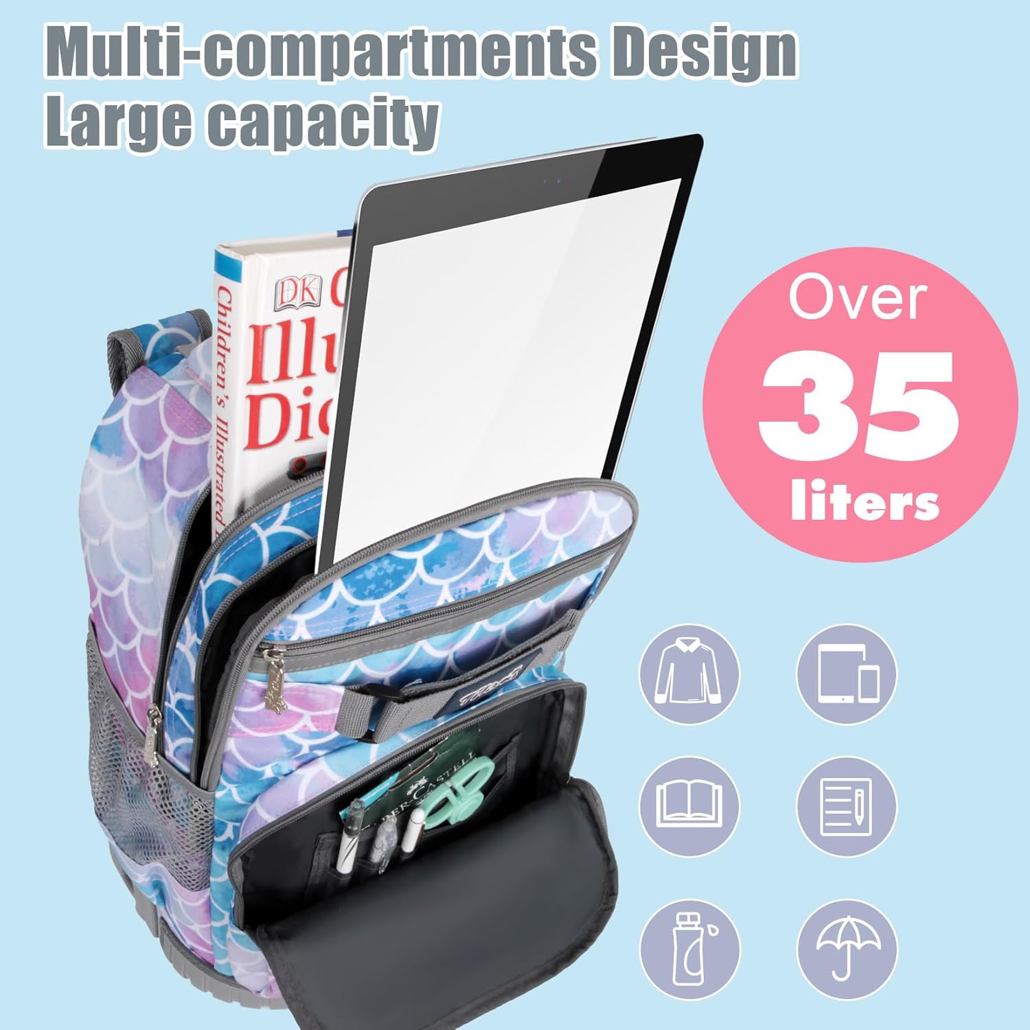 Rolling Backpack 19 inch Wheeled LAPTOP Boys Girls Travel School Student Trip… (Mermaid Tail) - Image 4