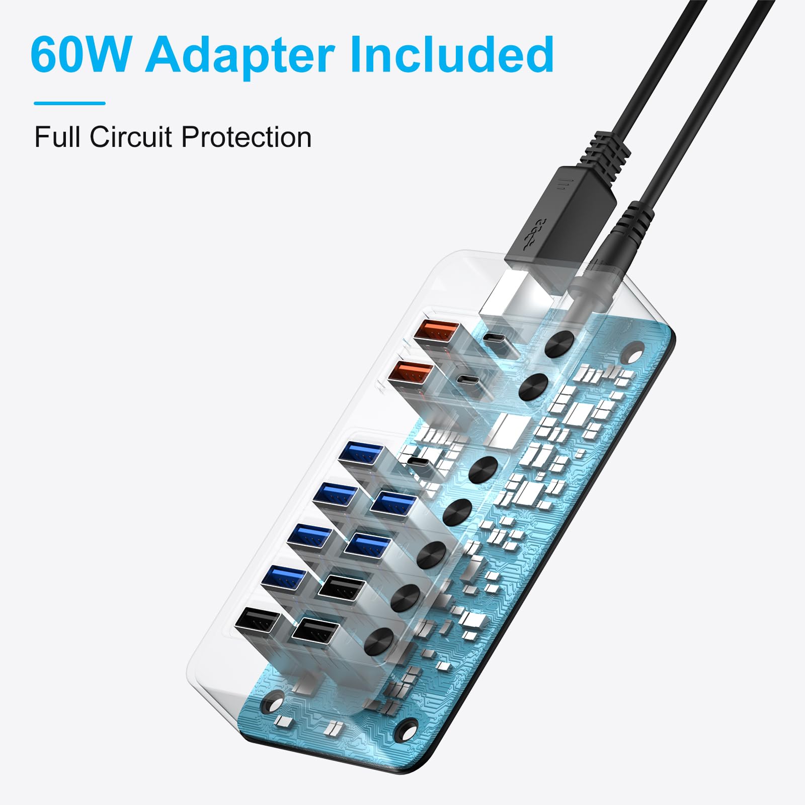 Zasilany USB 14 w 1, ładowanie PD 60 W, 6 x USB 3.0, 4 porty szybkiego ładowania, przełączniki USB-C 3.0 i diody LED, do laptopa, telefonu, tabletu