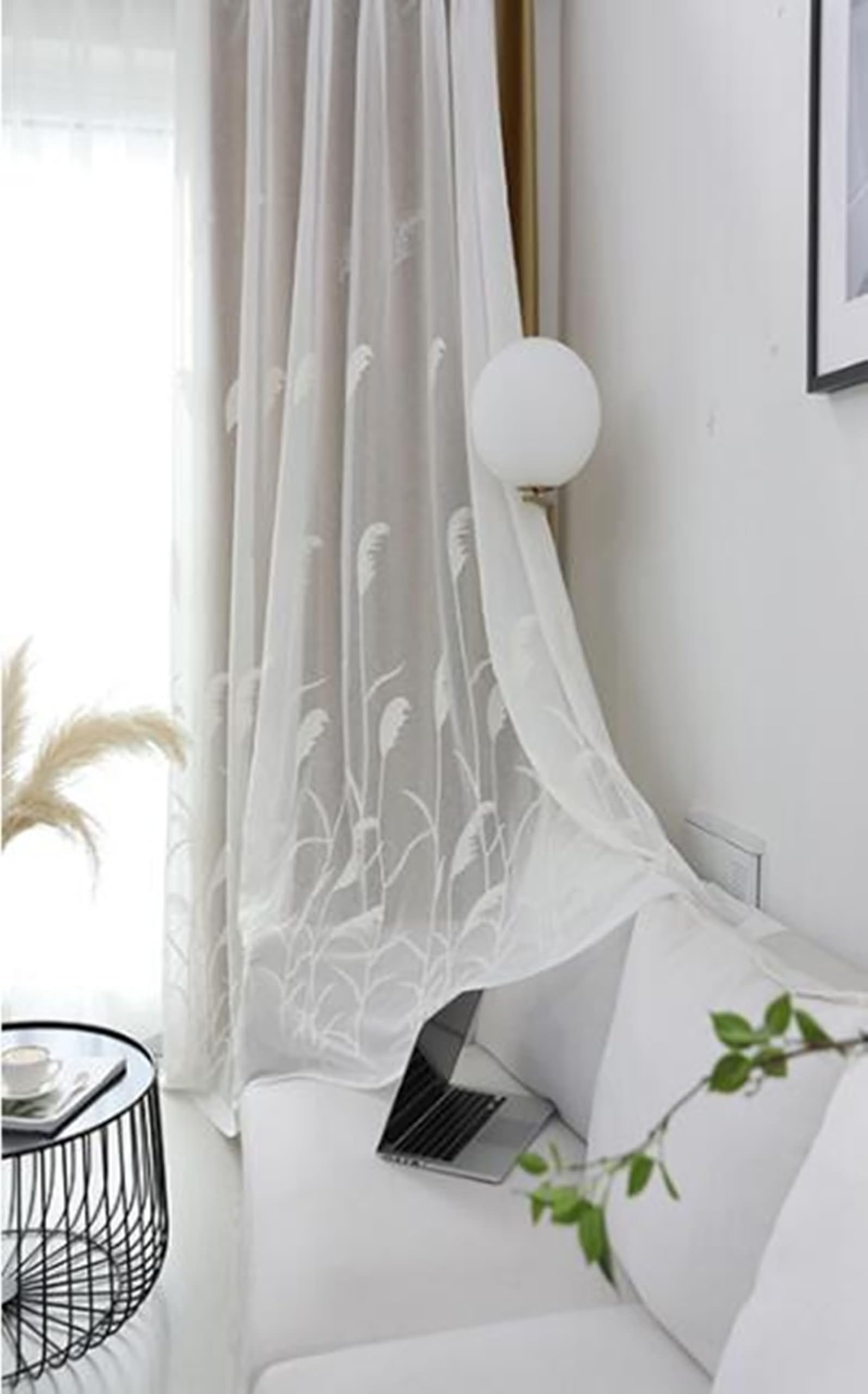 Voile Gardinen Transparent 2er Set,2 x 137W x 183H cm,Vorhänge Wohnzimmer Durchsichtig Weiß Blätter Muster Gardinen für Gardinenhaken