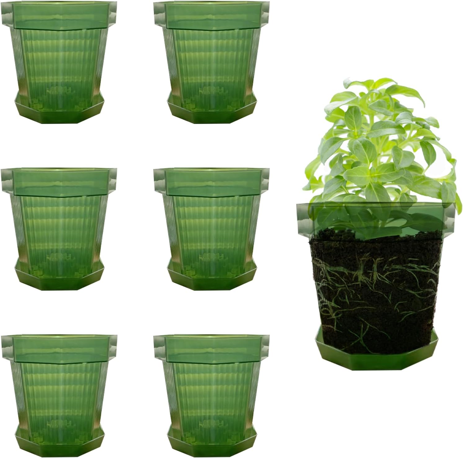 7-Pack 6 Inch Plastic Planter Pots – Small Modern Matte Flower Pots with Drainage Holes and Saucers for Indoor, Outdoor, and Office Use (Green)