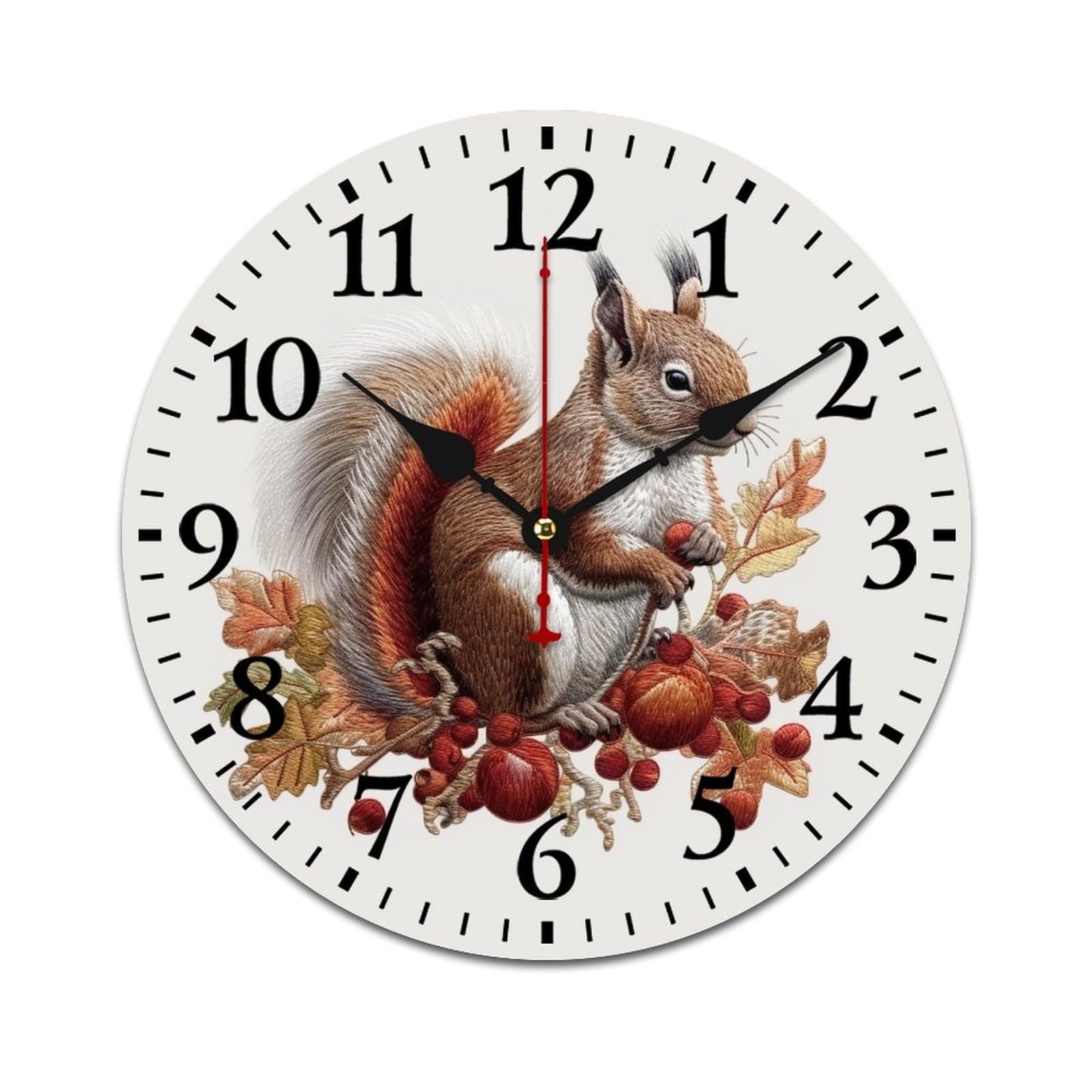 NTVOWPZO 10 Inch Wall Clock Wooden Leaves and Squirrel Battery Operated Wall Clocks Silent Non-Ticking Square Wall Clock for Living Room Kitchen Home Office Wall Decorative Clocks