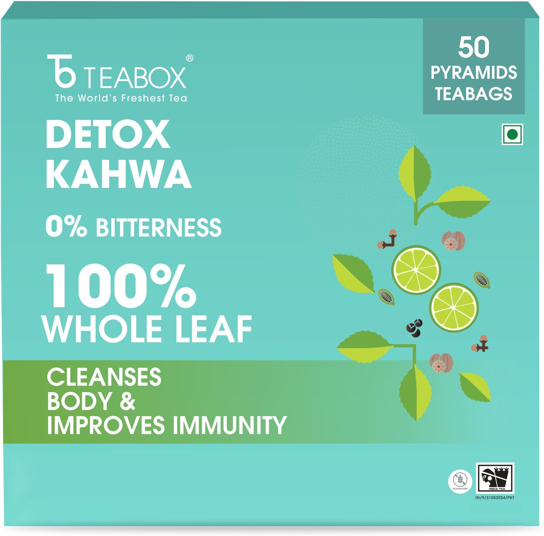 Detox Kahwa Herbal Tea | 50 Biodegradable Teabags | 8 Natural Ingredients | Supports Body Detox & Healthy Digestion | 0% Bitterness | Caffeine-Free Wellness Brew