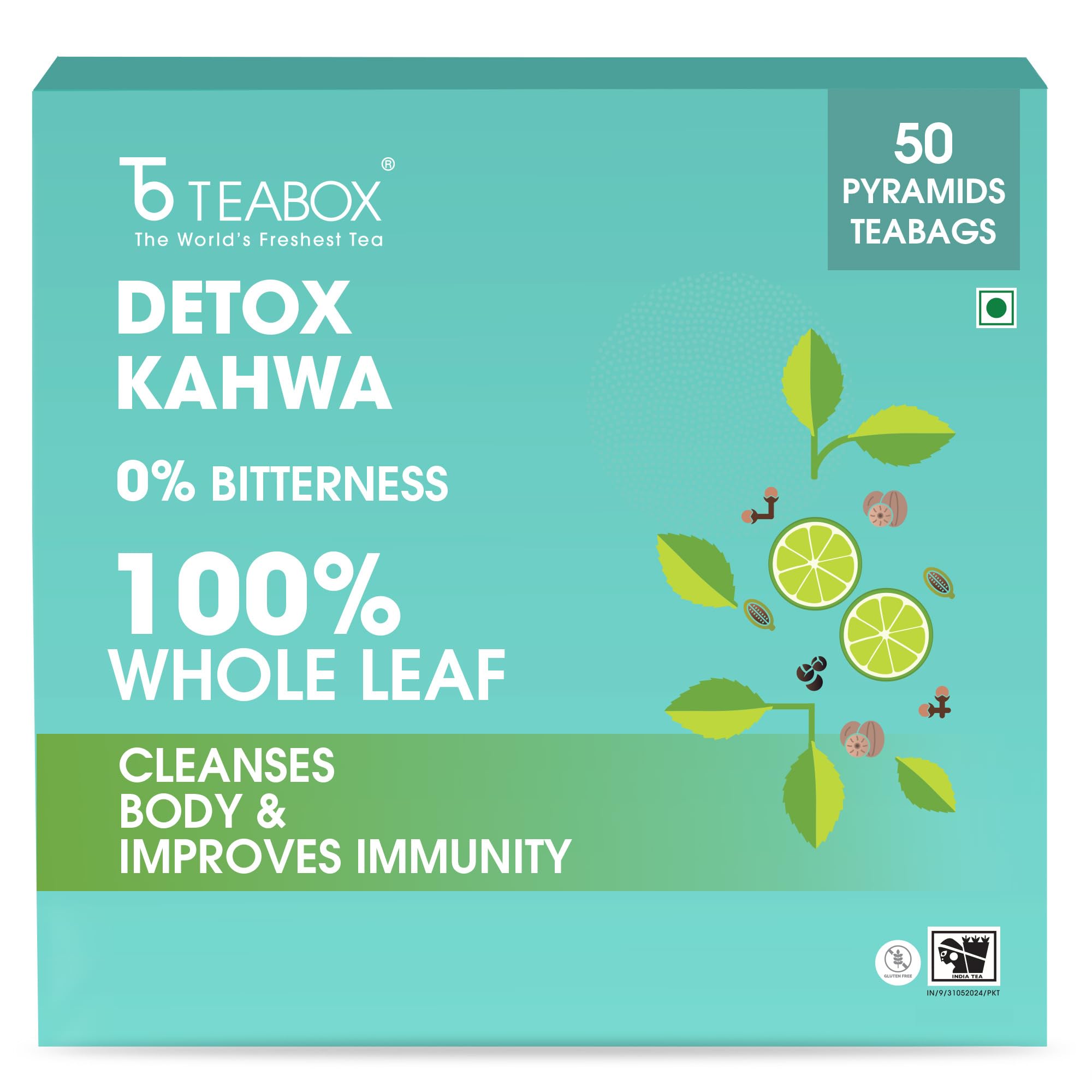 Teabox Detox Kahwa Herbal Tea | 50 Teabags with 8 Natural Ingredients | 0% Bitterness | Biodegradable Teabags | Caffeine-Free Wellness Brew