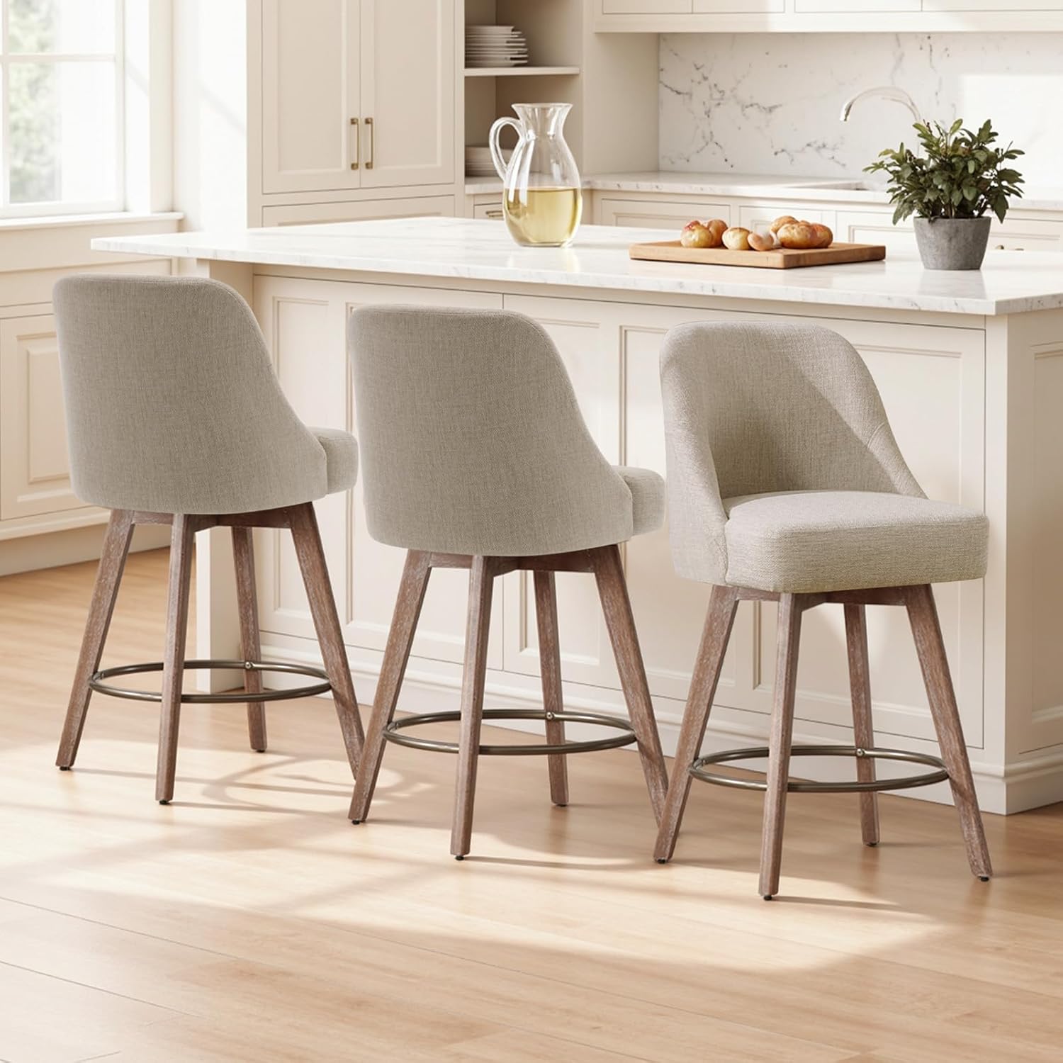 Swivel Barstools Set of 3, 26-inch Counter Height Bar Stools with Backs and Solid Wood Leg, Upholstered Fabric, Comfortable Seat, Mid Century Modern Counter Stools for Kitchen Island, Sand