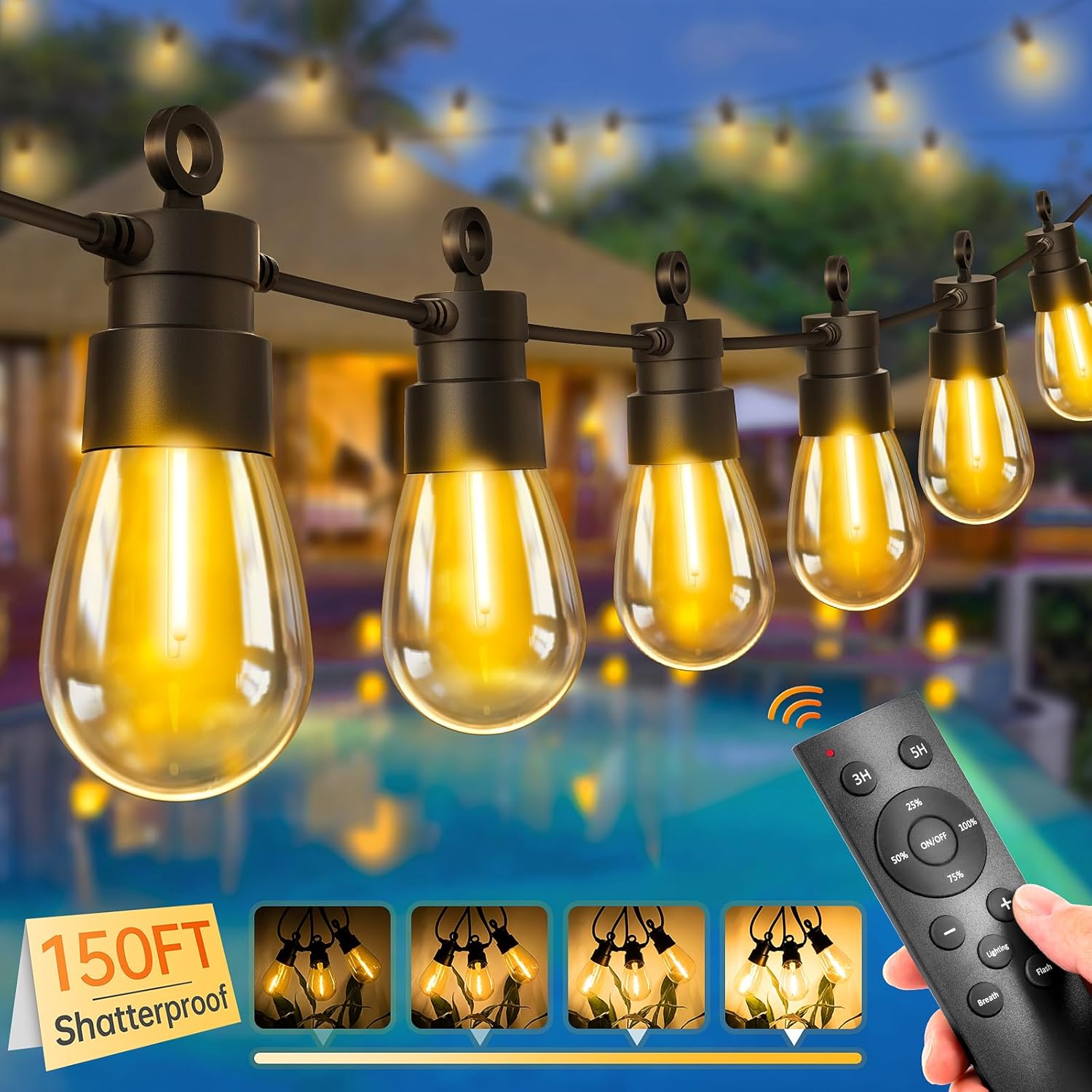 150FT Dimmable Outdoor Patio Lights - Remote Control LED String Lights with 43+2 IP65 Waterproof Shatterproof Edison Bulbs, 3 Modes 2 Timer Outside Hanging Light for Porch Bistro Camping Party