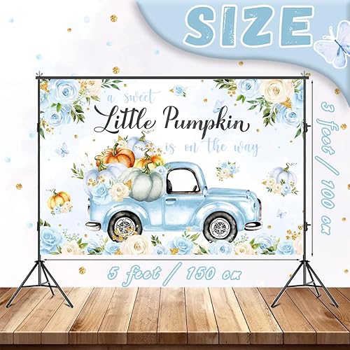 Miniatura 3 de Fondo de decoración de baby shower con diseño de calabaza pequeña para niño, A Sweet Little Pumpkin is On The Way Fall Blue Floral Truck Fotografía