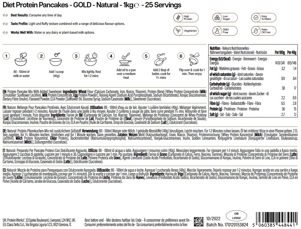 Protein Works | Diet Protein Pancakes – GOLD Innovation, Mezcla Pancakes Proteicos Premium, Desayuno Bajo en Calorías, Bajo Grasa & Azúcar, Apoya Pérdida de Peso, Natural, 25 Porciones, 1kg