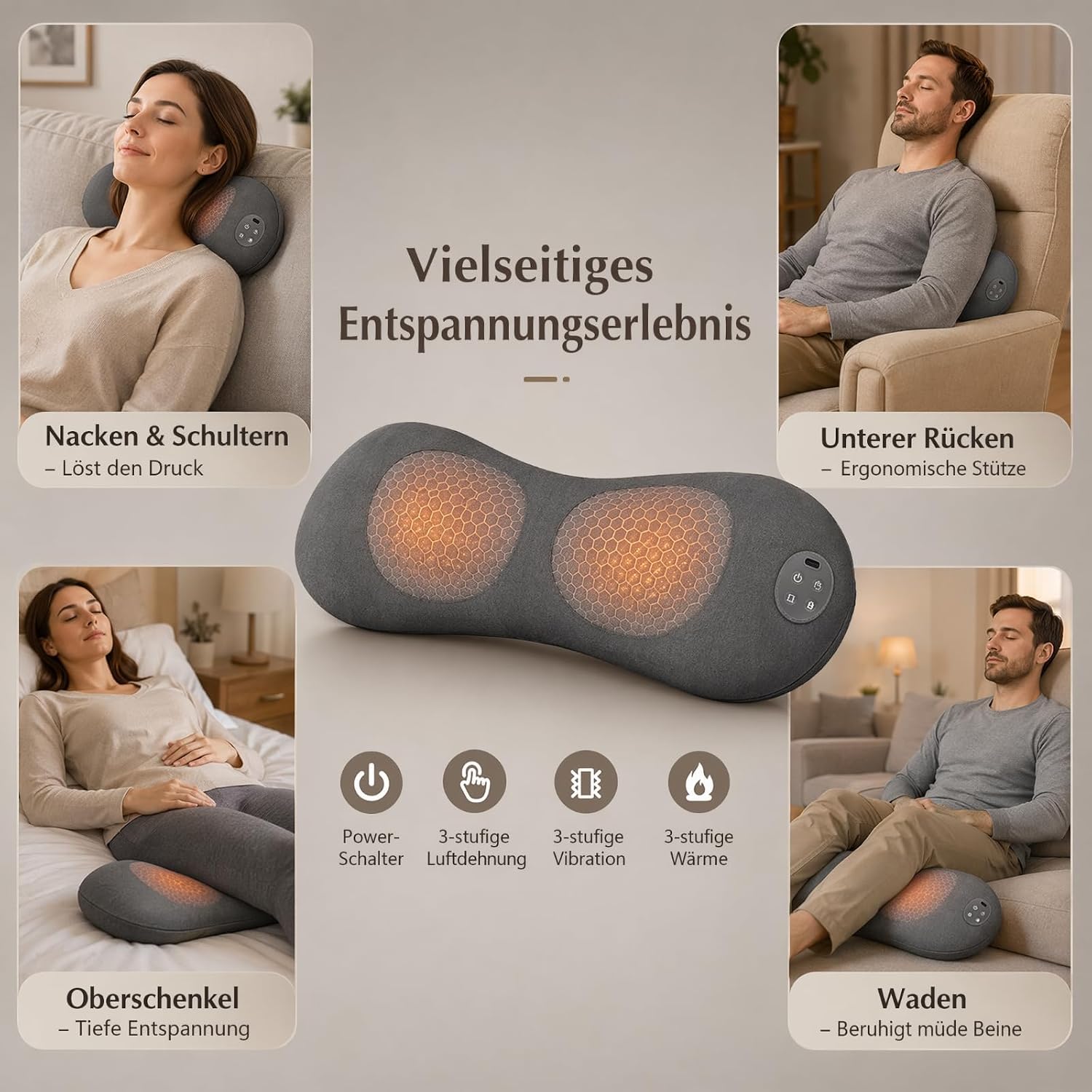 3-in-1 Rückenmassagegerät, Massagegerät mit Wärme Vibration & Dehnung | Rücken Massage Gerät, Nackenmassagegerät, Ergonomische Rückenstütze für Nacken, Schultern und Rücken Büro Zuhause Reise