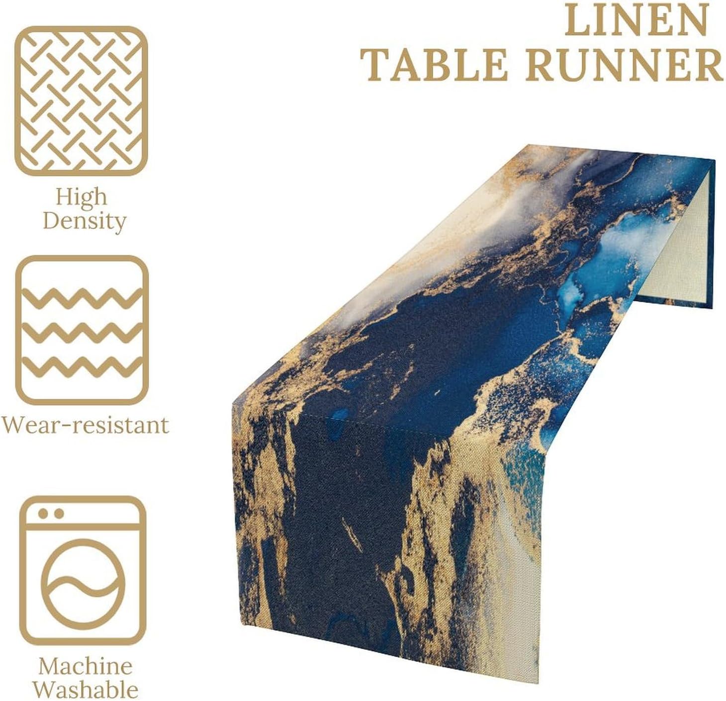 Marble Table Runner,Navy Blue Gold Stripe Marble Farmhouse Pattern Table Runner for Coffee Table Dining Room Table Bedroom Party Holiday Decor 13x120inch