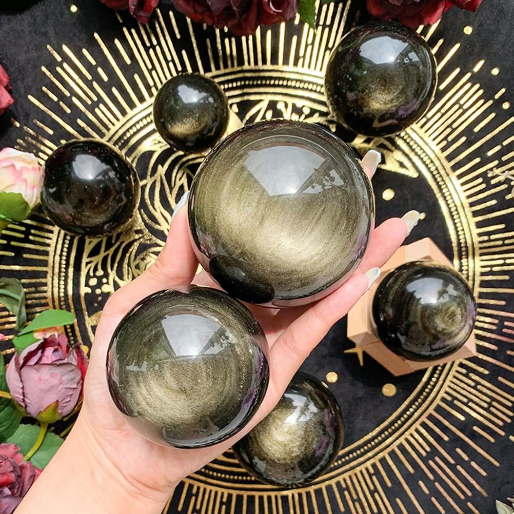 Gold Obsidian Crystal Ball,Scrying Feng Shui Stone Sphere Sculpture Quartz Rock Collection Home Decor Table Craft,5~6cm