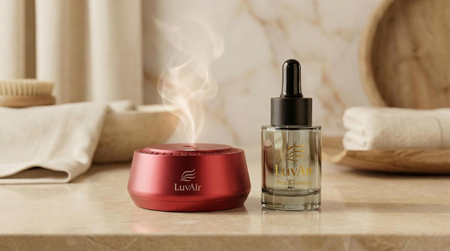 LuvAir Smart waterless car Aroma Diffuser Set, Adjustable Ultra Sonic-Mist Technology, Rechargeable, 100% Natural Fragrance, Aromatherapy Oil Scent Included (Red, Peach Lumiere)