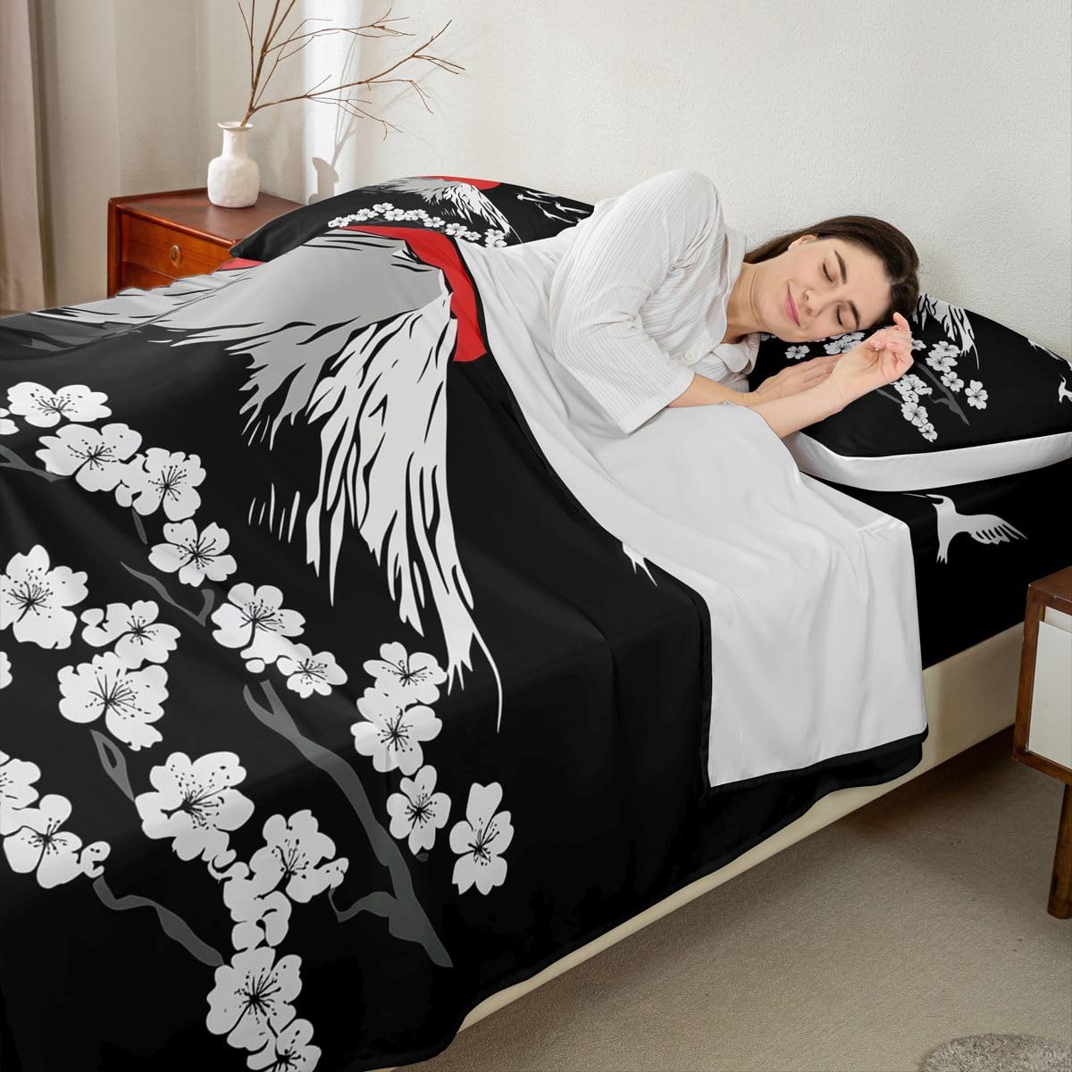 Homewish Żuraw prześcieradła podwójne mocowanie Fuji krajobraz zestaw pościeli Sakura kwiat wiśni zestaw pościeli - japoński styl Ukiyo-E dopasowane płaskie prześcieradła 4-częściowy