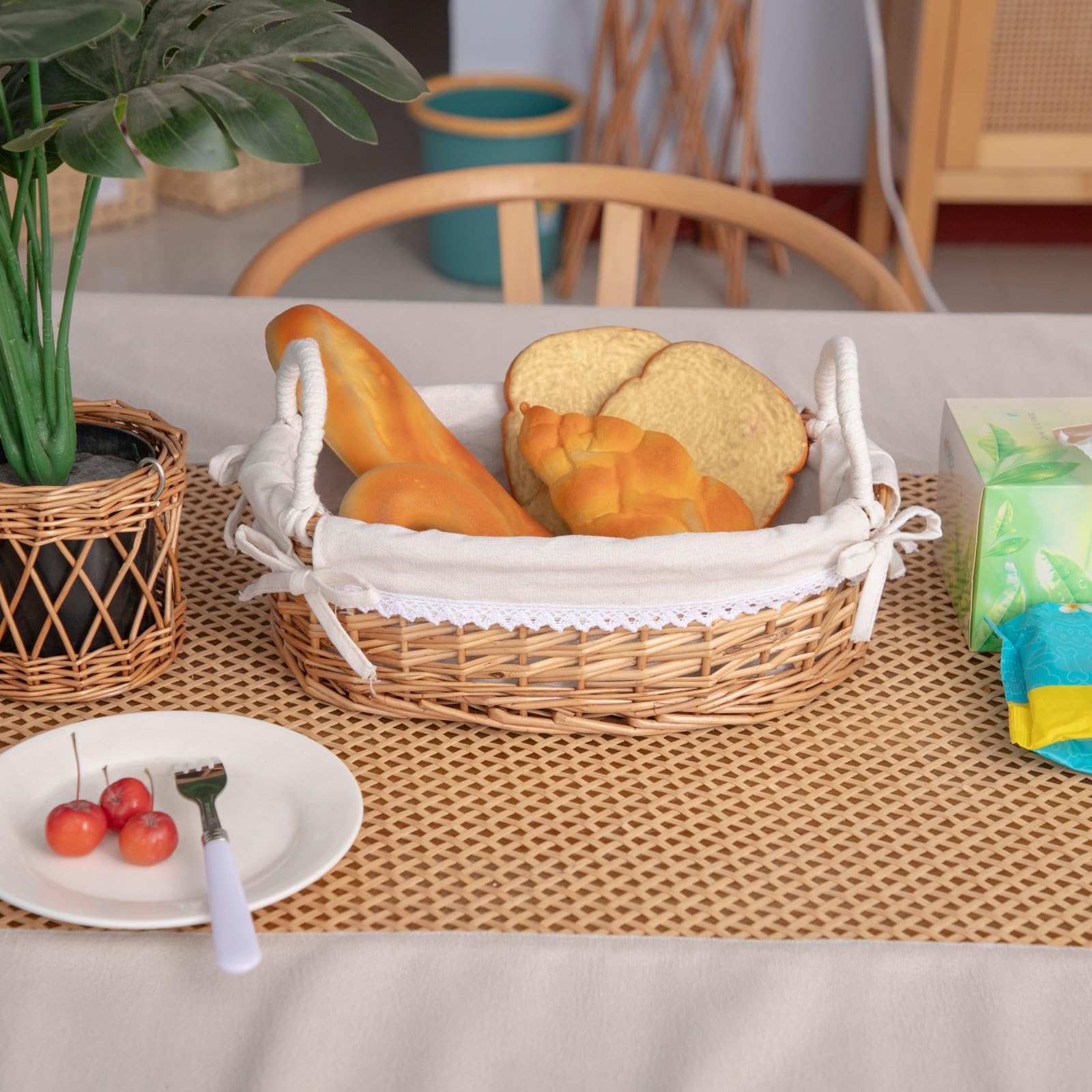 Cesta de mimbre para pan con forro blanco extraíble, cesta de servir pan para encimera de cocina con asa, 31 x 21 x 9 cm.