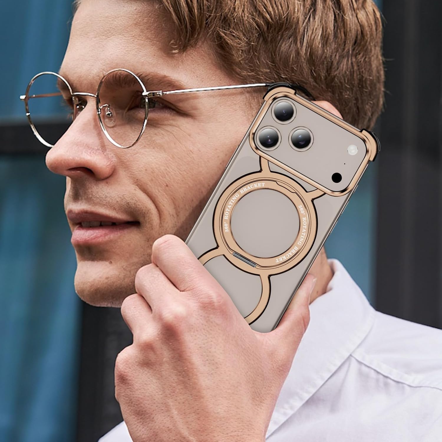 Skeleton Case for iPhone 17 Pro Max, Titanium Metal Frame with 360° Magnetic Ring Stand, Military-Grade Drop Protection, Shockproof Bumper, Compatible with MagSafe(Gold)