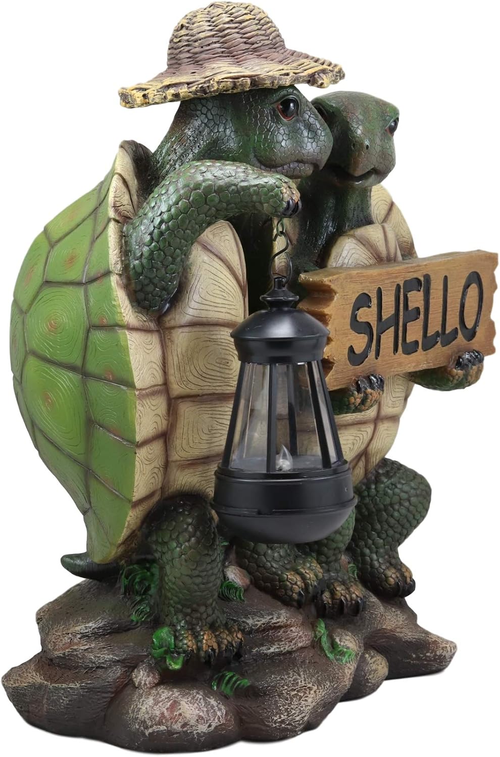 Ebros Gift Nautical Night Explorers Tortoise Lovers with Straw Hat Carrying Solar LED Lantern Light and SHELLO Greeting Sign Statue 15.25" H Turtles Garden Yard Pool Patio Deck Home Decorative Accent