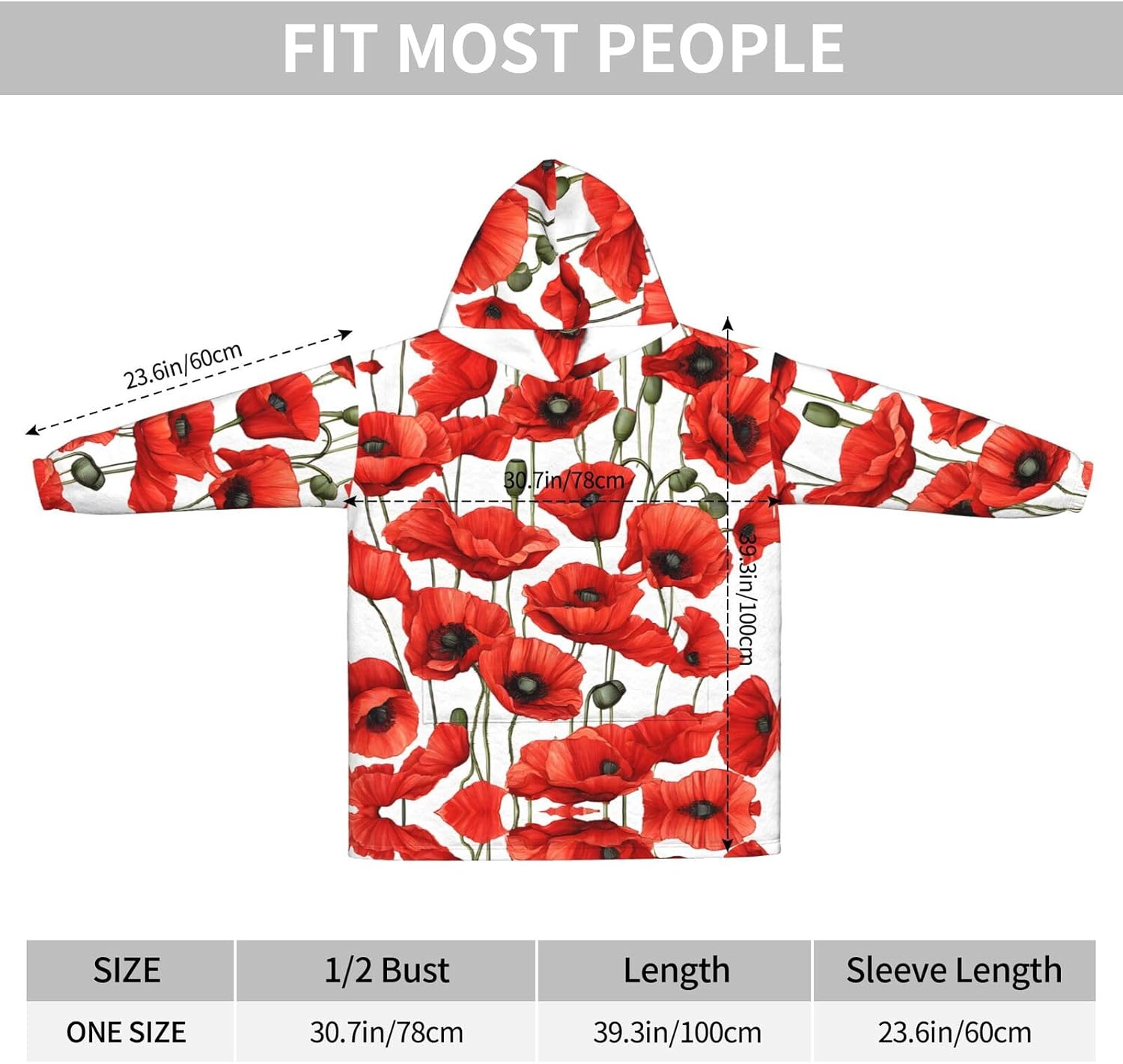 Red Poppy Flower Print Blanket Hoodie Fleece Sweatshirt Blanket With Sleeves And Pockets