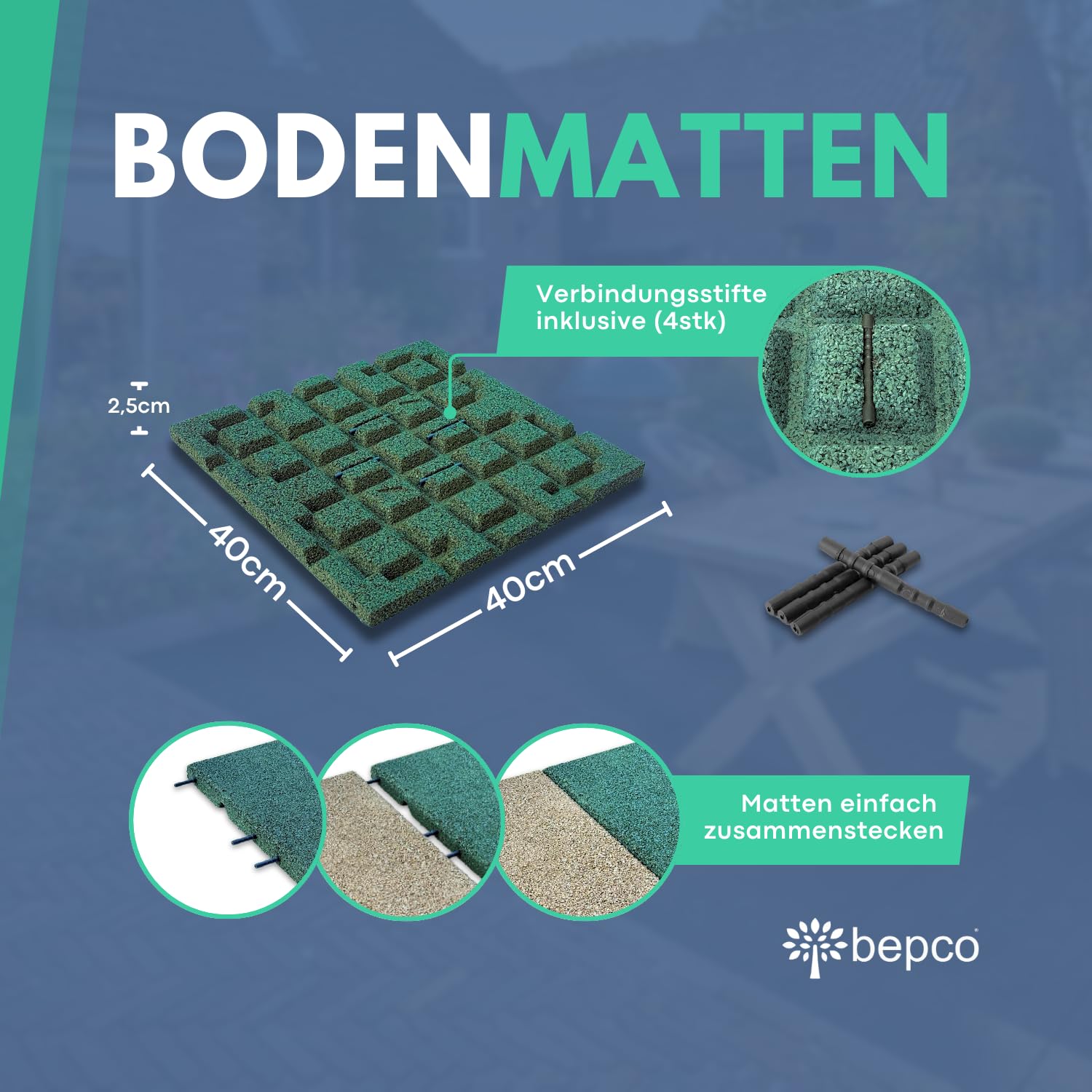 bepco Fallschutzmatte 4er Set - Gummimatte, Bodenmatte, stoßdämpfend & rutschfest, mit 16 Verbindungsstiften, aus recyceltem Gummi, für Wege/Terassen/Spiel &-Sportanlagen (Grün, 40 x 40 x 2,5cm)