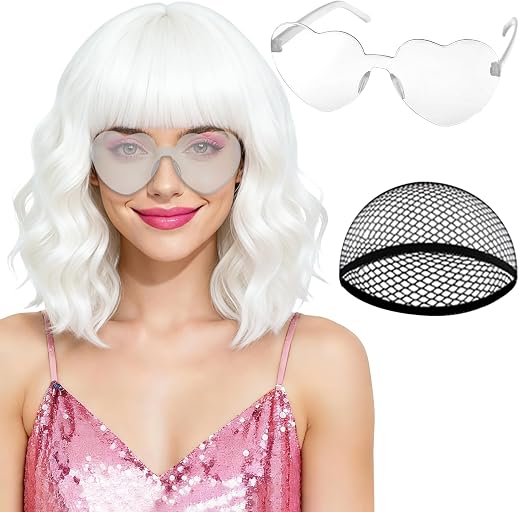 PLULON White Curly Bob Wig Heart Sunglasses for Women, Colored Wavy Wigs with Bangs Funny Synthetic Hair with Hair Cap Fashion Accessories for Bachelorette Christmas Party Cosplay Halloween Costume