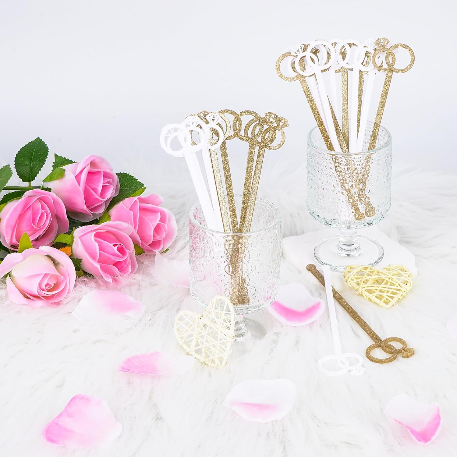 20 Pcs Gold Glitter Wedding Drink Stirrers, Diamond Ring Swizzle Sticks for Cocktails, Reusable Acrylic Bridal Shower Coffee Stir Sticks, Bachelorette Party Decorations, Engagement Party Favors