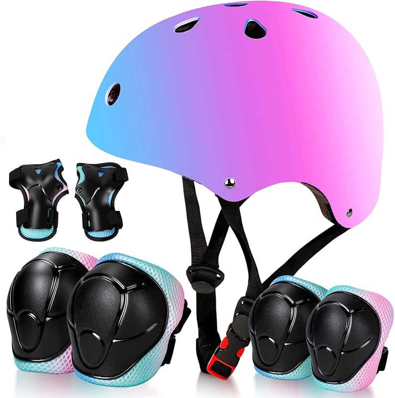 Juego de casco de bicicleta para niños ajustable para niños, niñas y adolescentes de 3 a 14 años, incluye coderas, rodillas y muñequeras, juego de protección para casco infantil para bicicletas, monopatines, patines