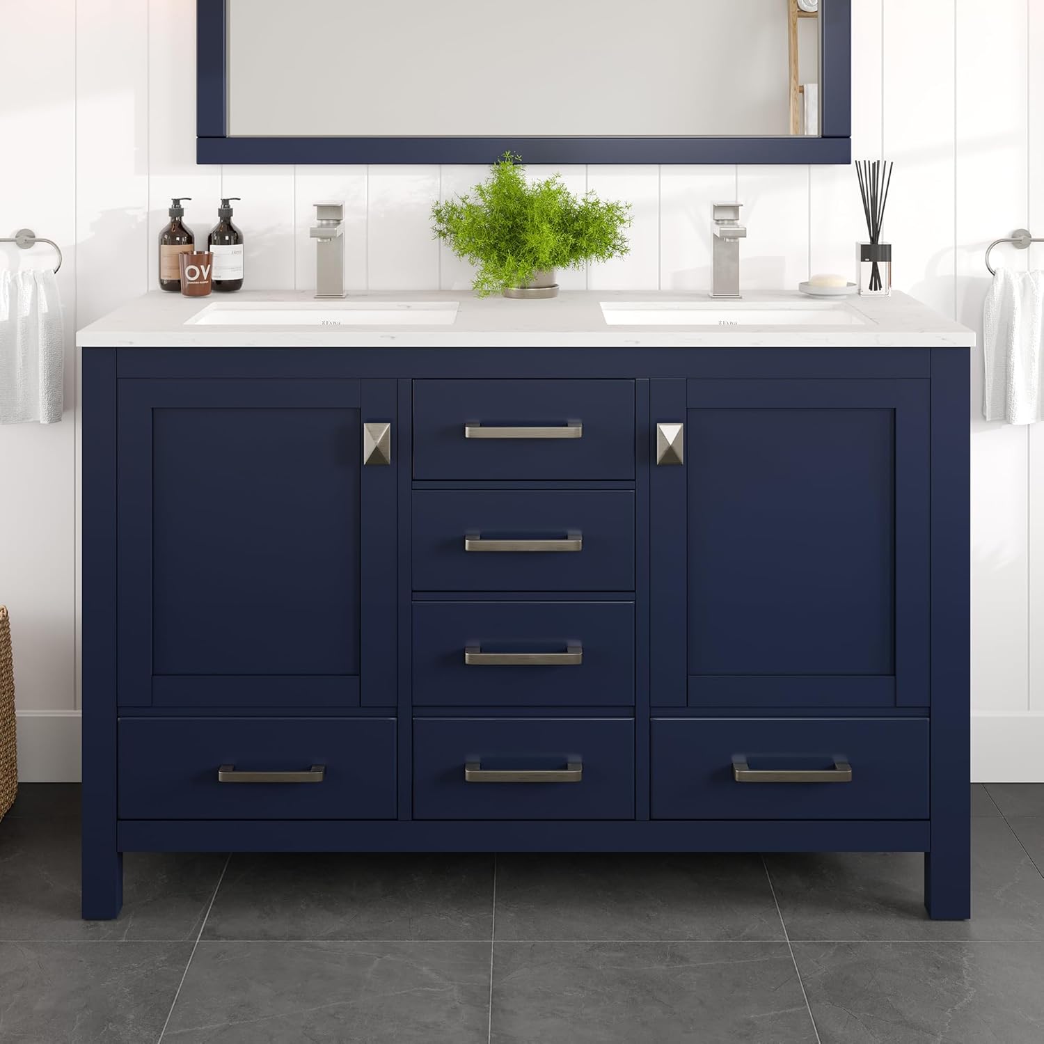 Eviva London 54 Inch Bathroom Vanity Double Sink - Blue Double Vanity Sinks for Bathrooms, 54 Vanity Double Sink with Top in Quartz & Porcelain Sinks, Pre-Assembled Vanity Bathroom with Ample Storage
