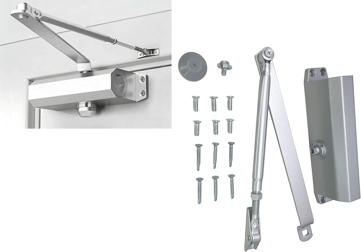 Medium Duty Automatic Door Closer (Silver)- Durable Cast Aluminum, Hydraulic with Adjustable Speed, 3 Mounting Options, ANSI Certified for Commercial, Home, Office, Storefront (Up to 150 lbs)