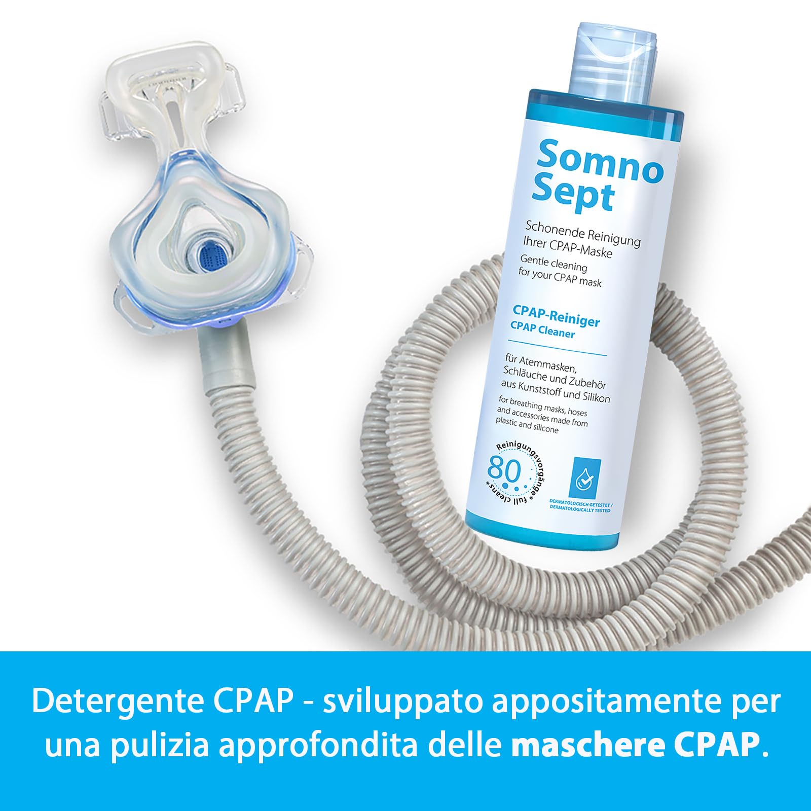Pacchetto di pulizia CPAP – 3 x detergente CPAP SomnoSept 400 ml e 1 x spazzola per tubi oxyhero CPAP da 120 cm, 15 mm – pulizia accurata della maschera CPAP e del tubo CPAP
