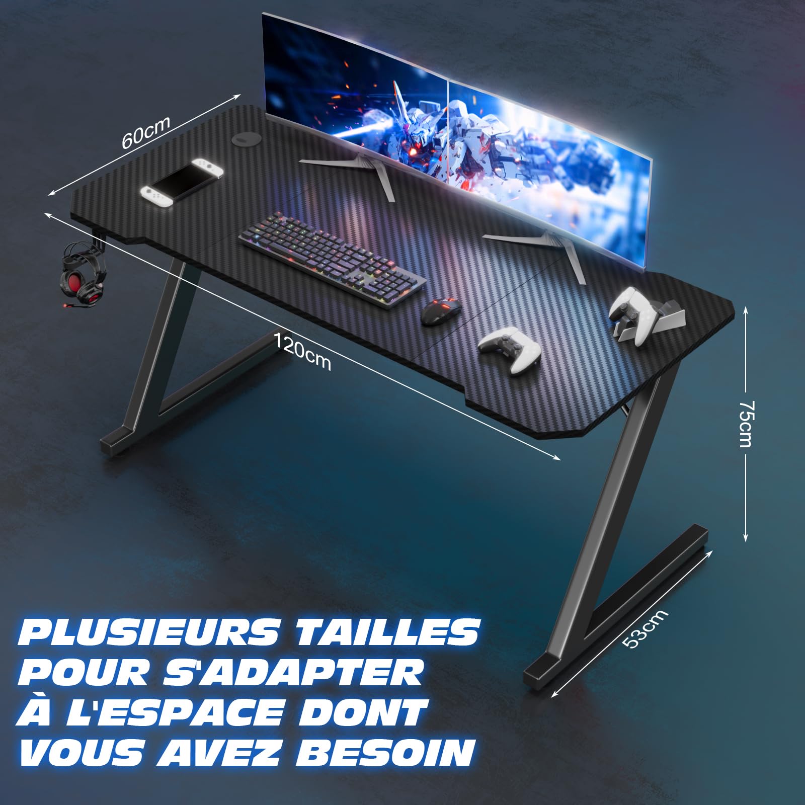 TRIUMPHKEY Bureau Gaming, 120x60CM Table de Jeu, Bureau Robuste pour Ordinateur Ergonomique,Surface en Fibre de Carbone,Crochet pour Casque et Gestion des câbles,Cadre en Forme Z Moderne, Carbon Noir